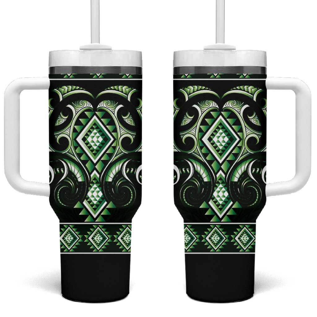 Green Ngaru Taniko With Aotearoa Maori Tattoo Custom Stanley Quencher 40oz Stainless Steel Tumbler With Handle
