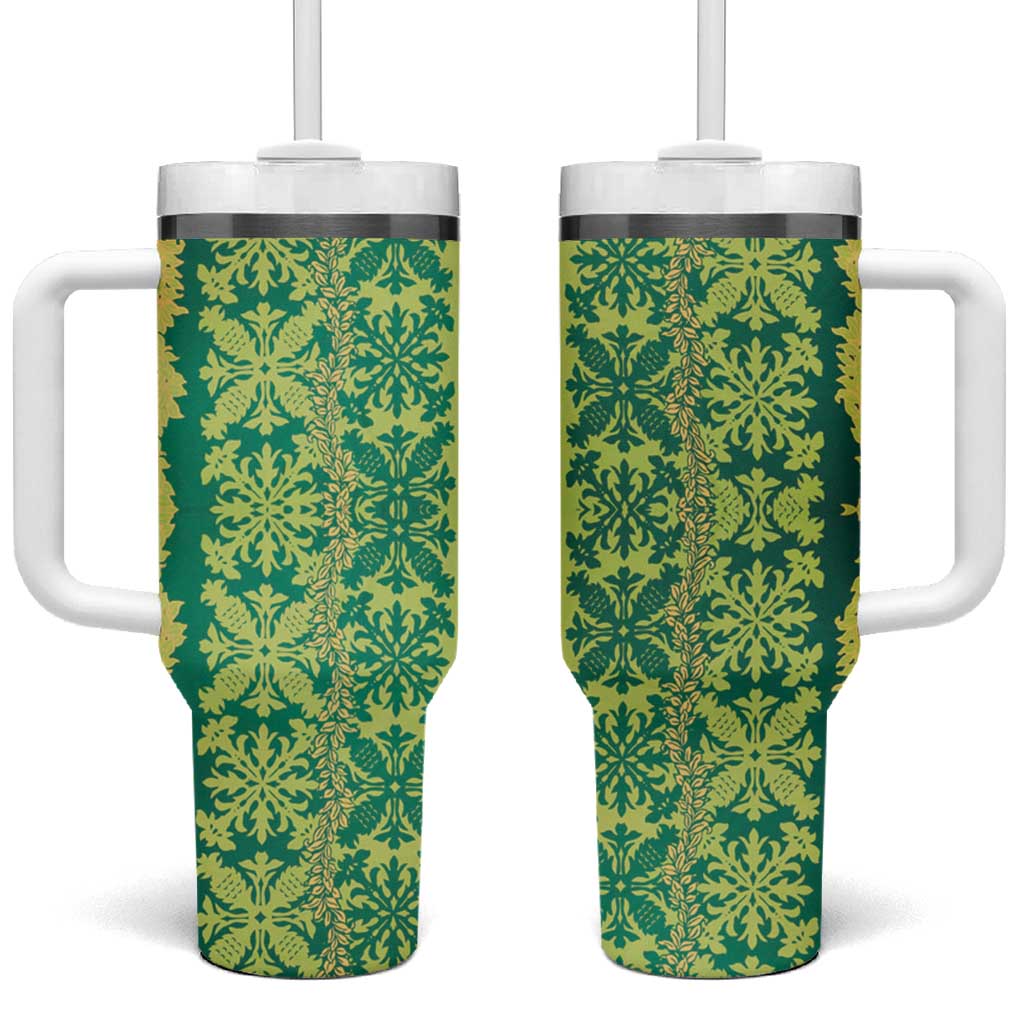 Hawaii Lei with Tribal Quilt Motif Custom Stanley Quencher 40oz Stainless Steel Tumbler With Handle