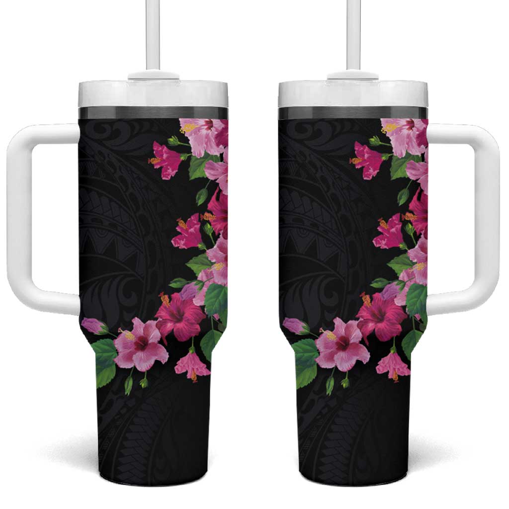 Hawaiian Hibiscus and Art Polynesian Tattoo Custom Stanley Quencher 40oz Stainless Steel Tumbler With Handle