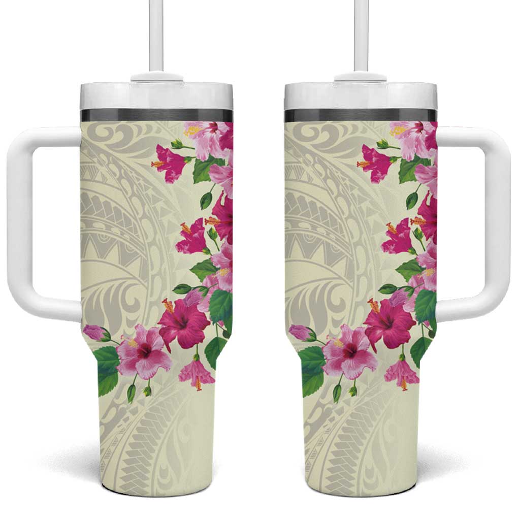 Hawaiian Hibiscus and Art Polynesian Tattoo Custom Stanley Quencher 40oz Stainless Steel Tumbler With Handle