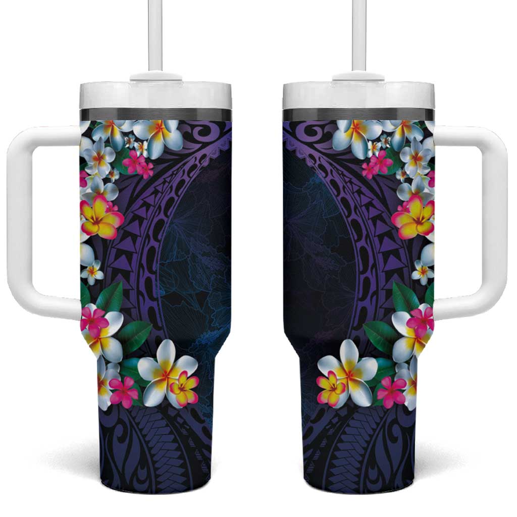 Hawaiian Plumeria-Polynesian Art Tattoo Frosted Blue Violet Color Custom Stanley Quencher 40oz Stainless Steel Tumbler With Handle