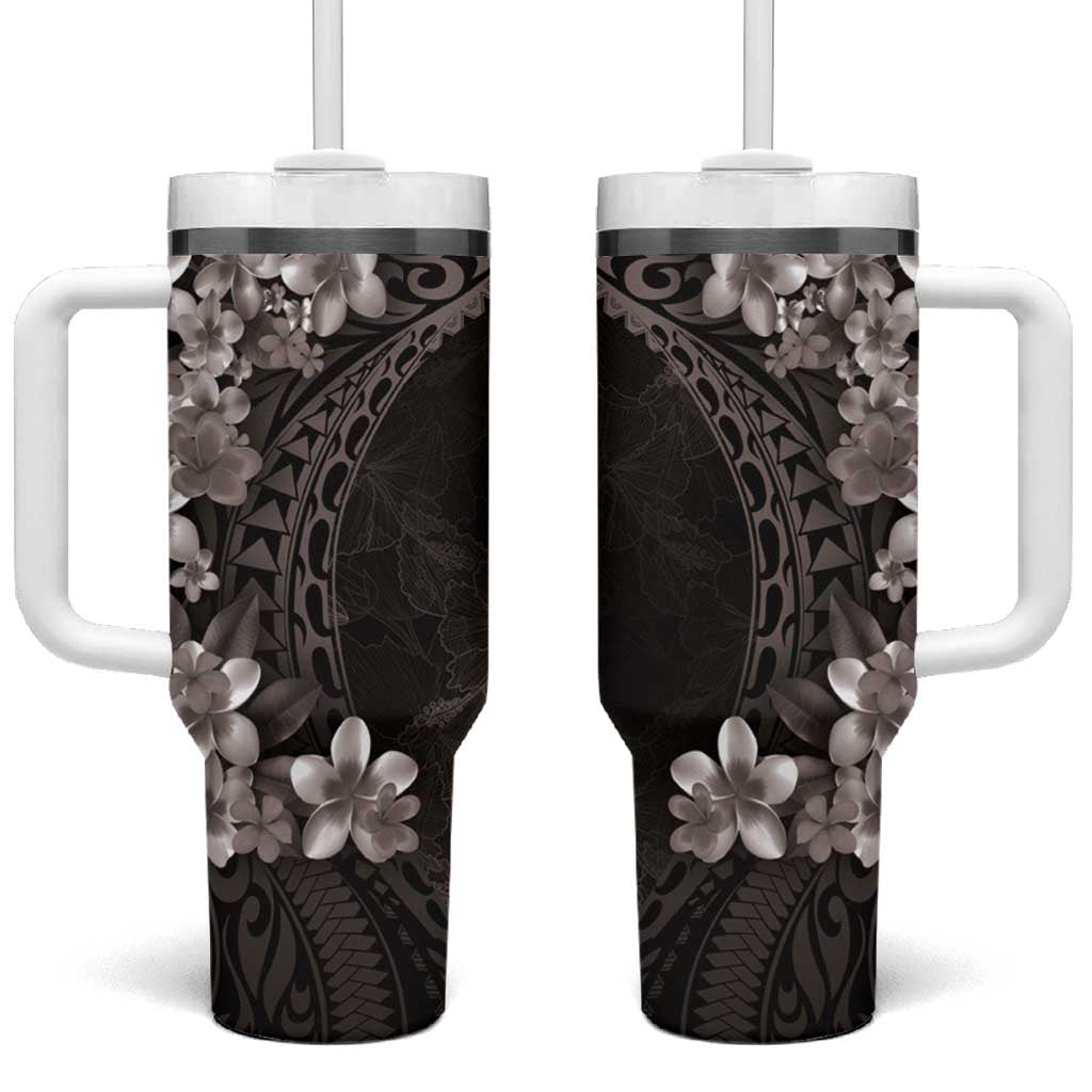 Hawaiian Plumeria-Polynesian Art Tattoo Grayscale Color Custom Stanley Quencher 40oz Stainless Steel Tumbler With Handle