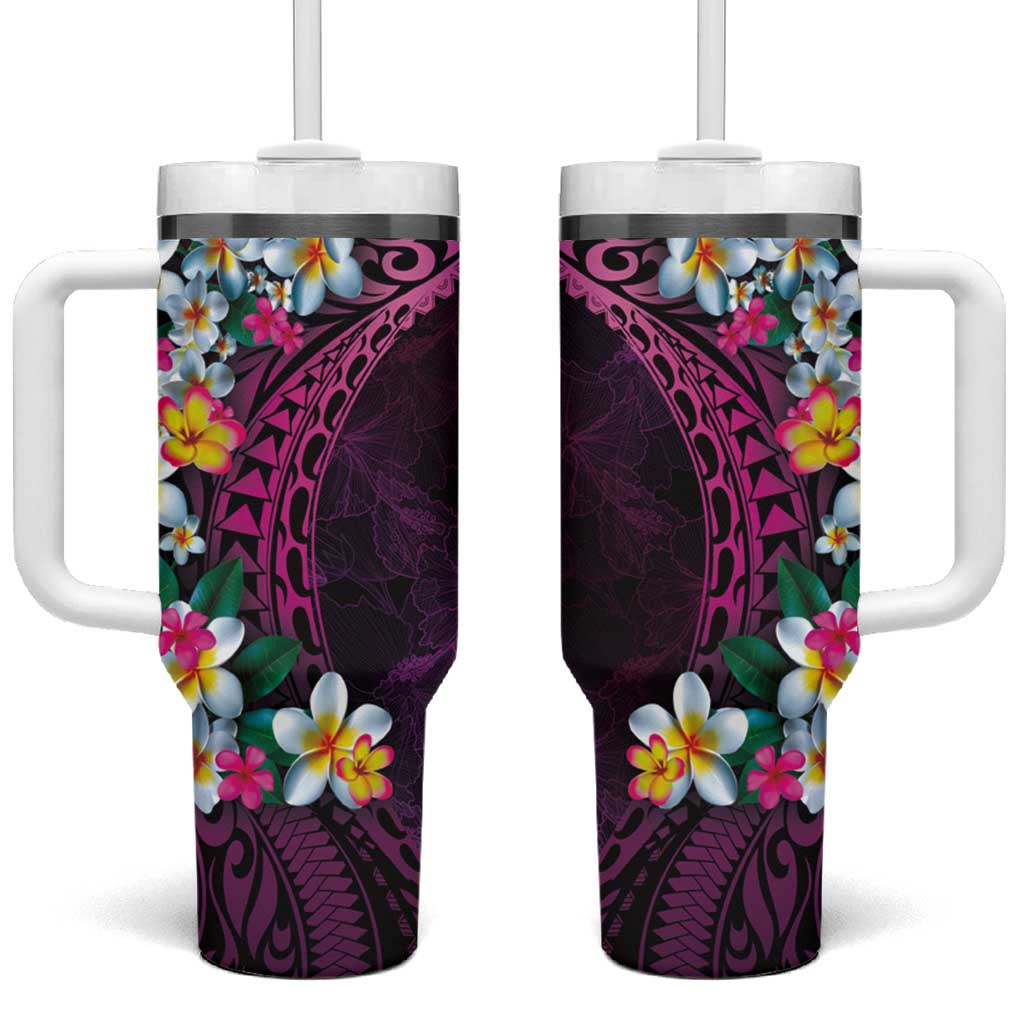 Hawaiian Plumeria-Polynesian Art Tattoo Plum Pink Color Custom Stanley Quencher 40oz Stainless Steel Tumbler With Handle