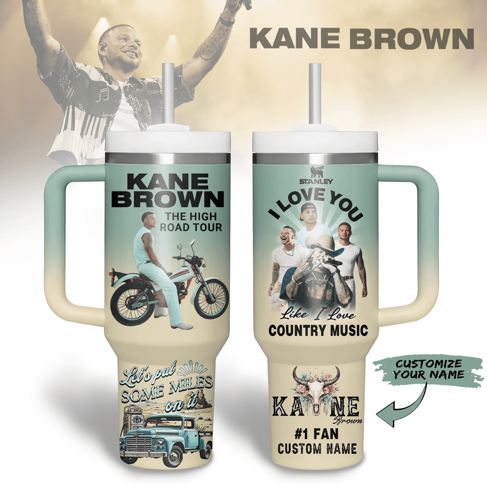 Kane Brown Music Custom Stanley Quencher 40oz Stainless Steel Tumbler With Handle