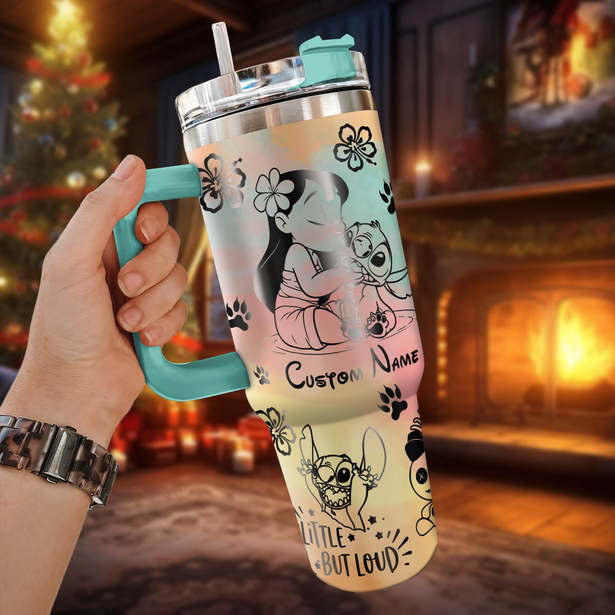 Lilo And Stitch Cartoon Custom Stanley Quencher 40oz Stainless Steel Tumbler With Handle