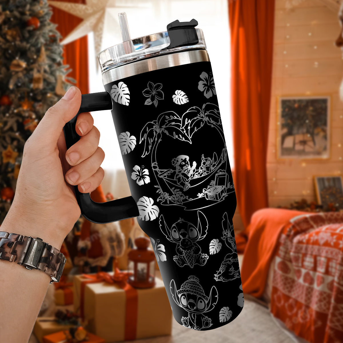 Lilo And Stitch Cartoon Custom Stanley Quencher 40oz Stainless Steel Tumbler With Handle