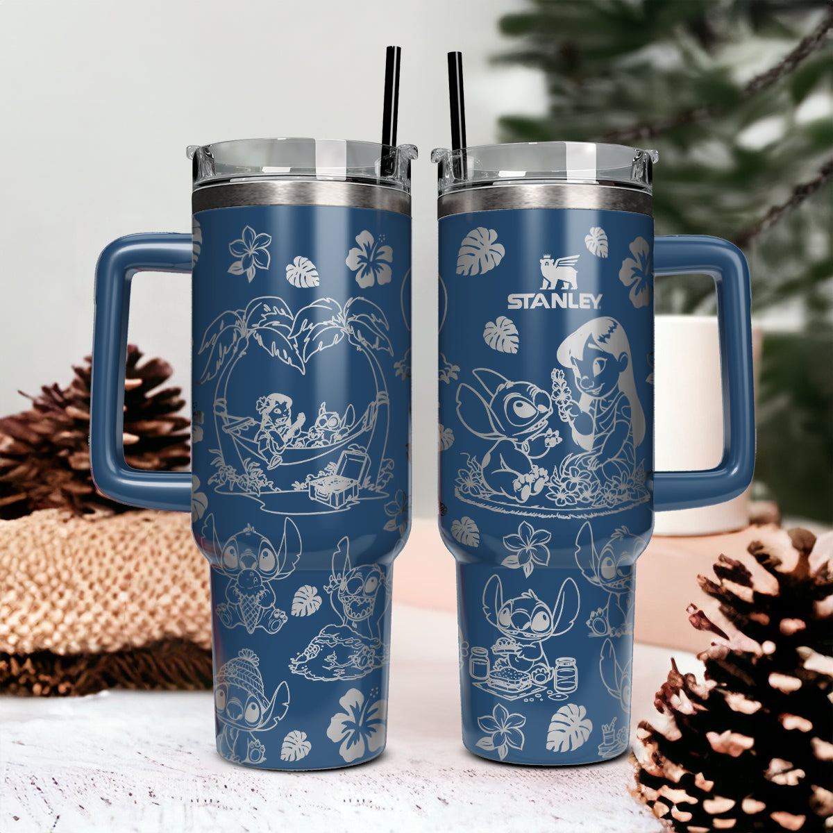 Lilo And Stitch Cartoon Custom Stanley Quencher 40oz Stainless Steel Tumbler With Handle