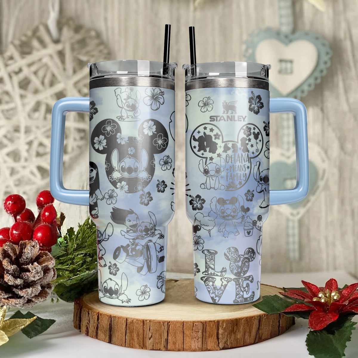 Lilo And Stitch Cartoon Custom Stanley Quencher 40oz Stainless Steel Tumbler With Handle