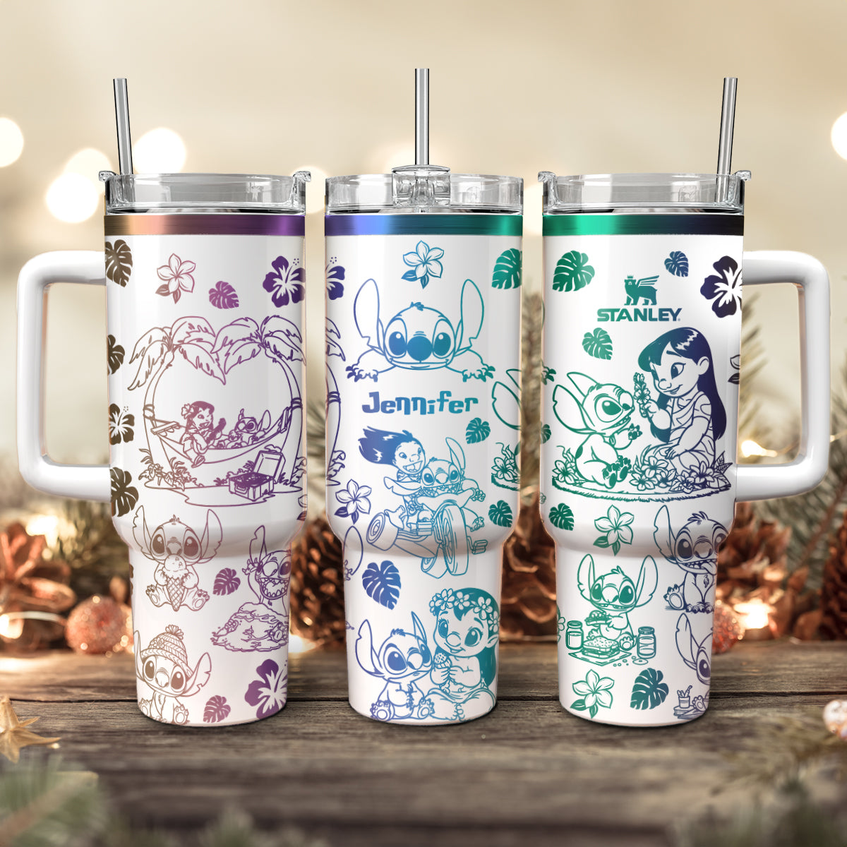 Lilo And Stitch Cartoon Custom Stanley Quencher 40oz Stainless Steel Tumbler With Handle