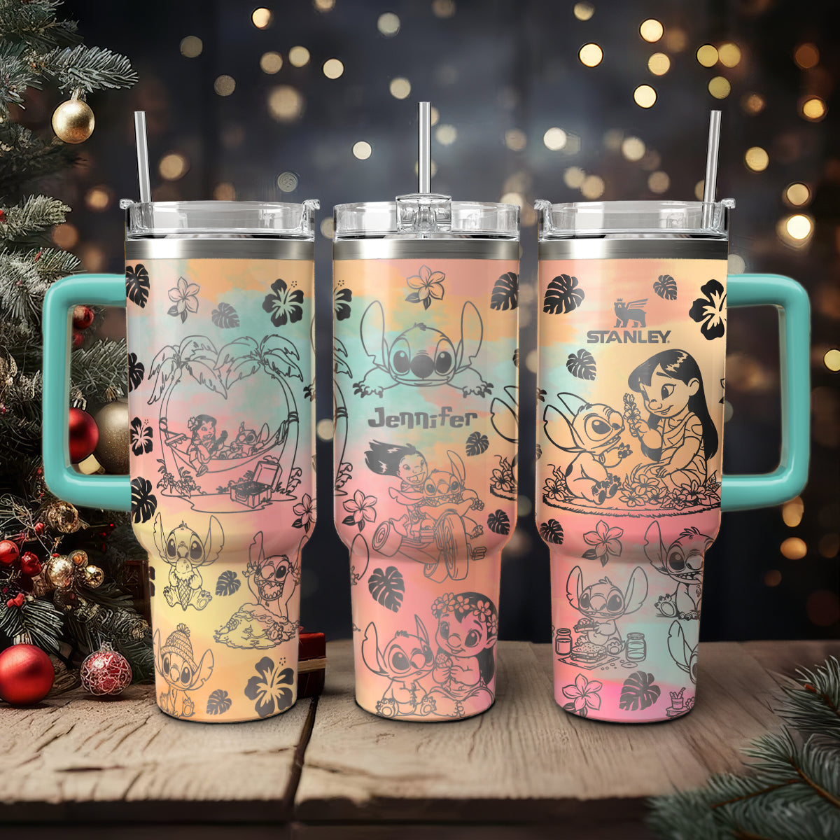 Lilo And Stitch Cartoon Custom Stanley Quencher 40oz Stainless Steel Tumbler With Handle