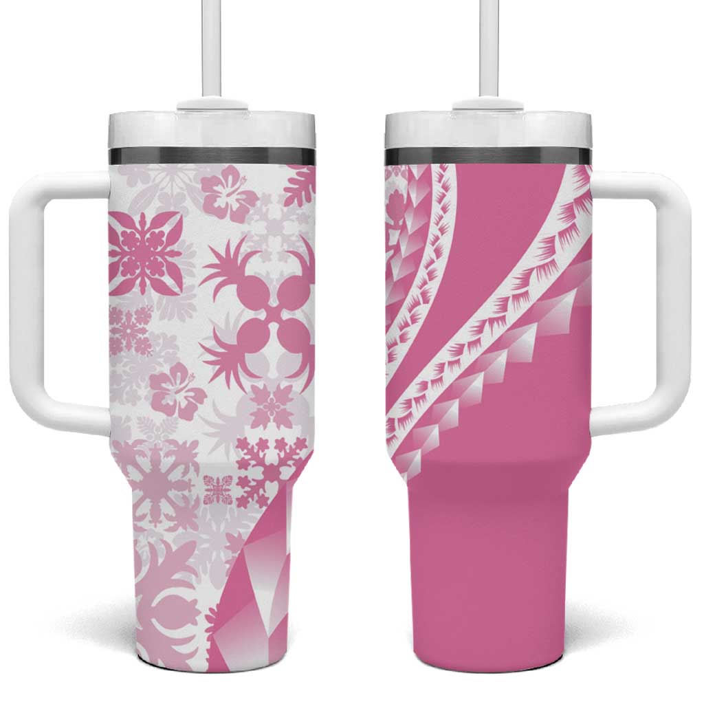 Pink Hawaiian Quilt Pattern Custom Stanley Quencher 40oz Stainless Steel Tumbler With Handle