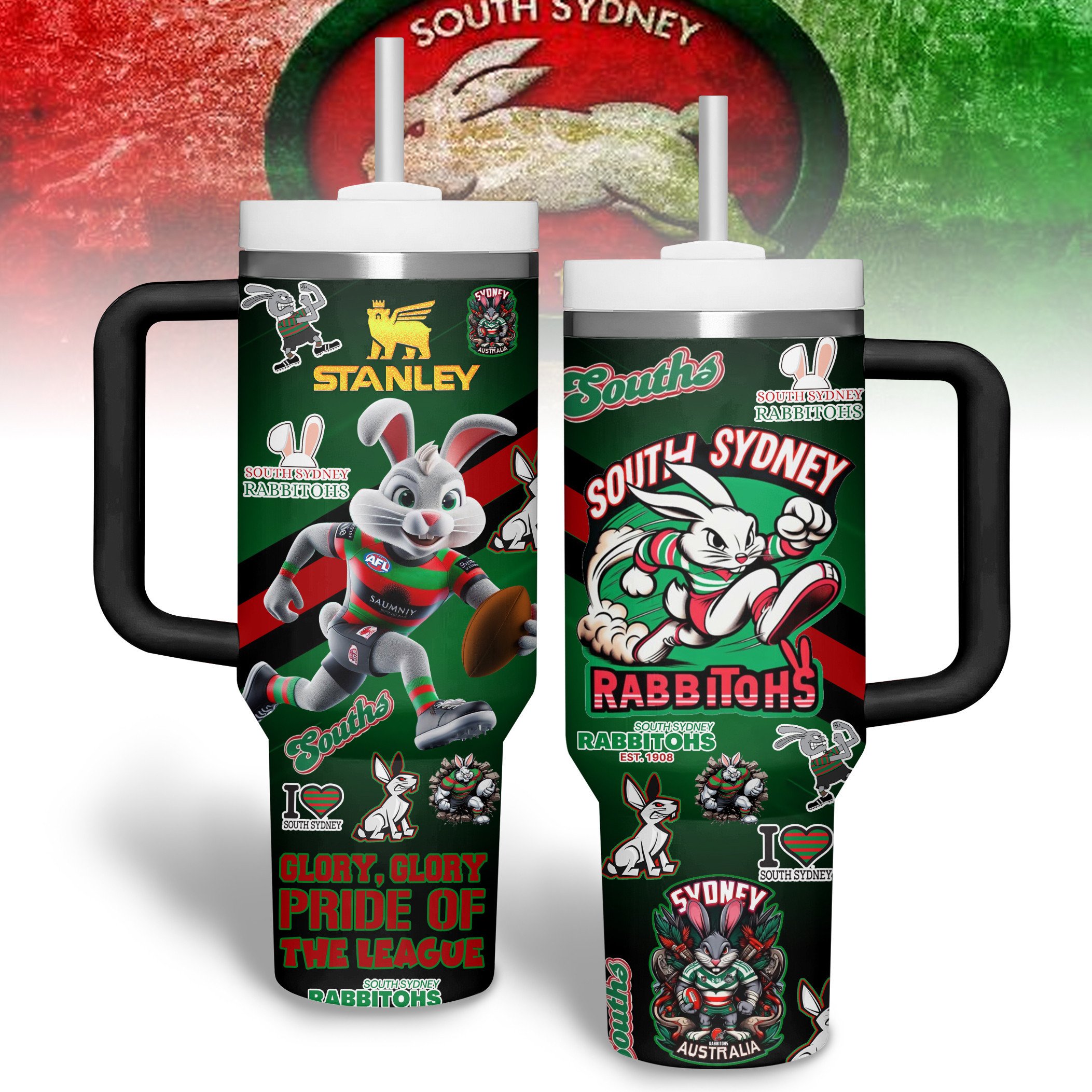 South Sydney Rabbitohs NRL Custom Stanley Quencher 40oz Stainless Steel Tumbler With Handle