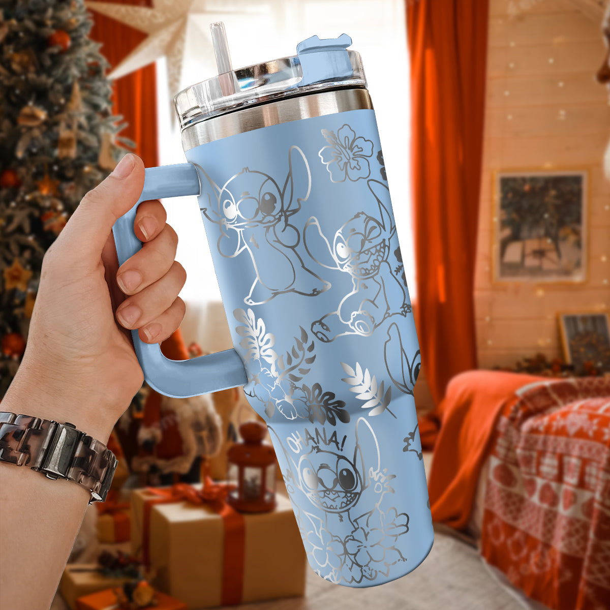 Stitch Cartoon Custom Stanley Quencher 40oz Stainless Steel Tumbler With Handle