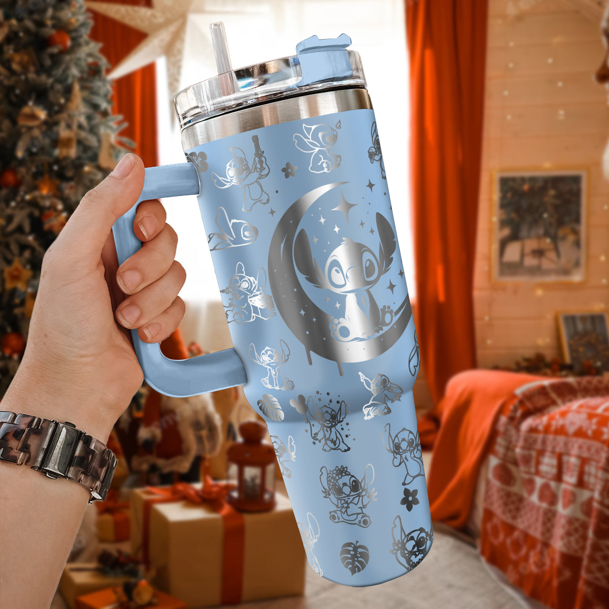 Stitch Cartoon Custom Stanley Quencher 40oz Stainless Steel Tumbler With Handle