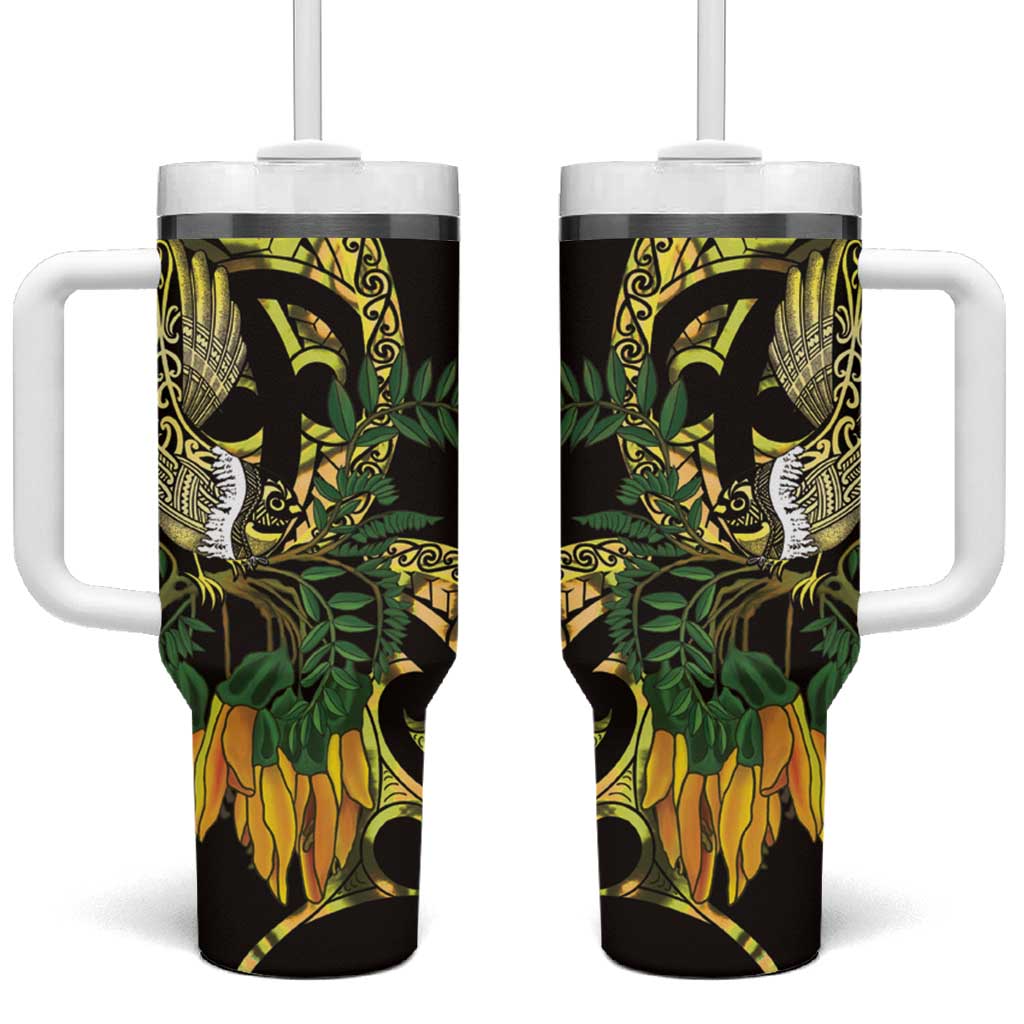 Yellow New Zealand Kowhai And Piwakawaka Custom Stanley Quencher 40oz Stainless Steel Tumbler With Handle