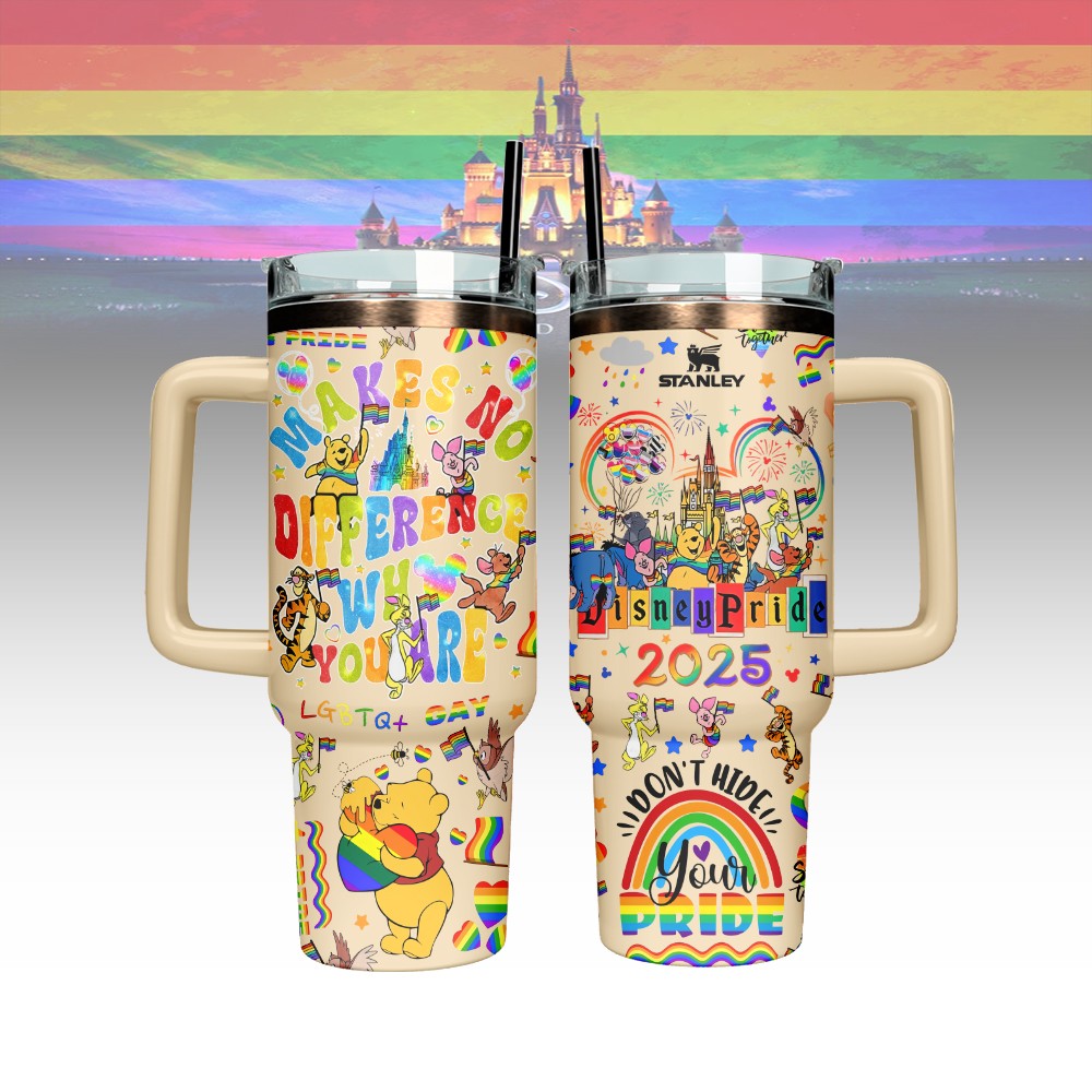 Winnie The Pooh x Pride Month Cartoon Custom Stanley Quencher 40oz Stainless Steel Tumbler With Handle