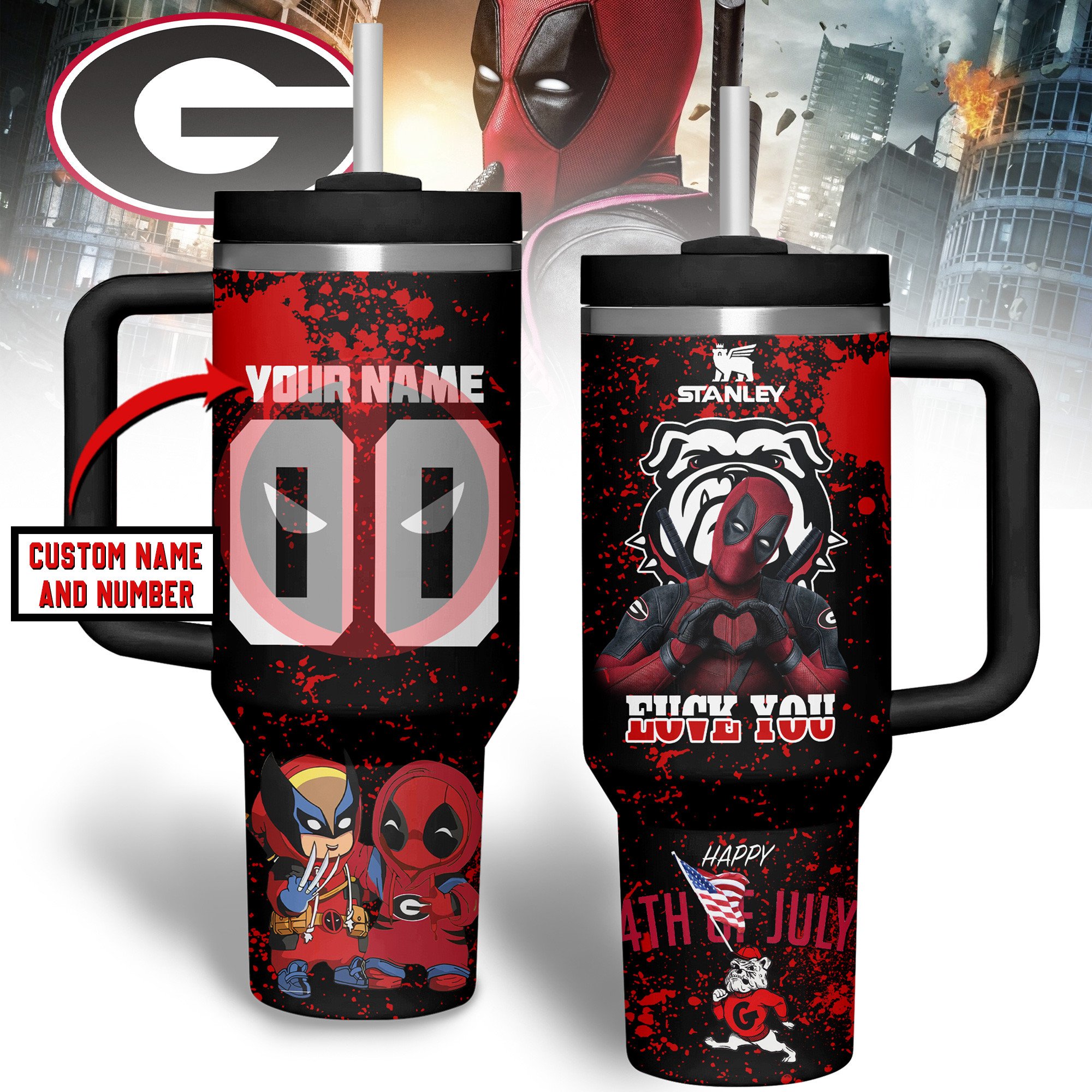 Georgia Bulldogs x Deadpool NCAA Custom Stanley Cup 40 oz 30 oz Tumbler With Handle