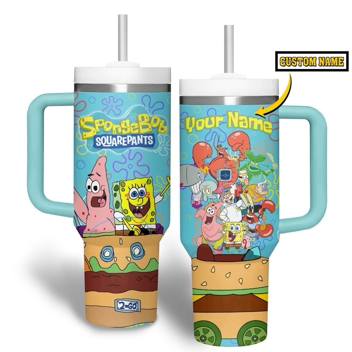 SpongeBob SquarePants Cartoon Custom Stanley Quencher 40oz Stainless Steel Tumbler With Handle