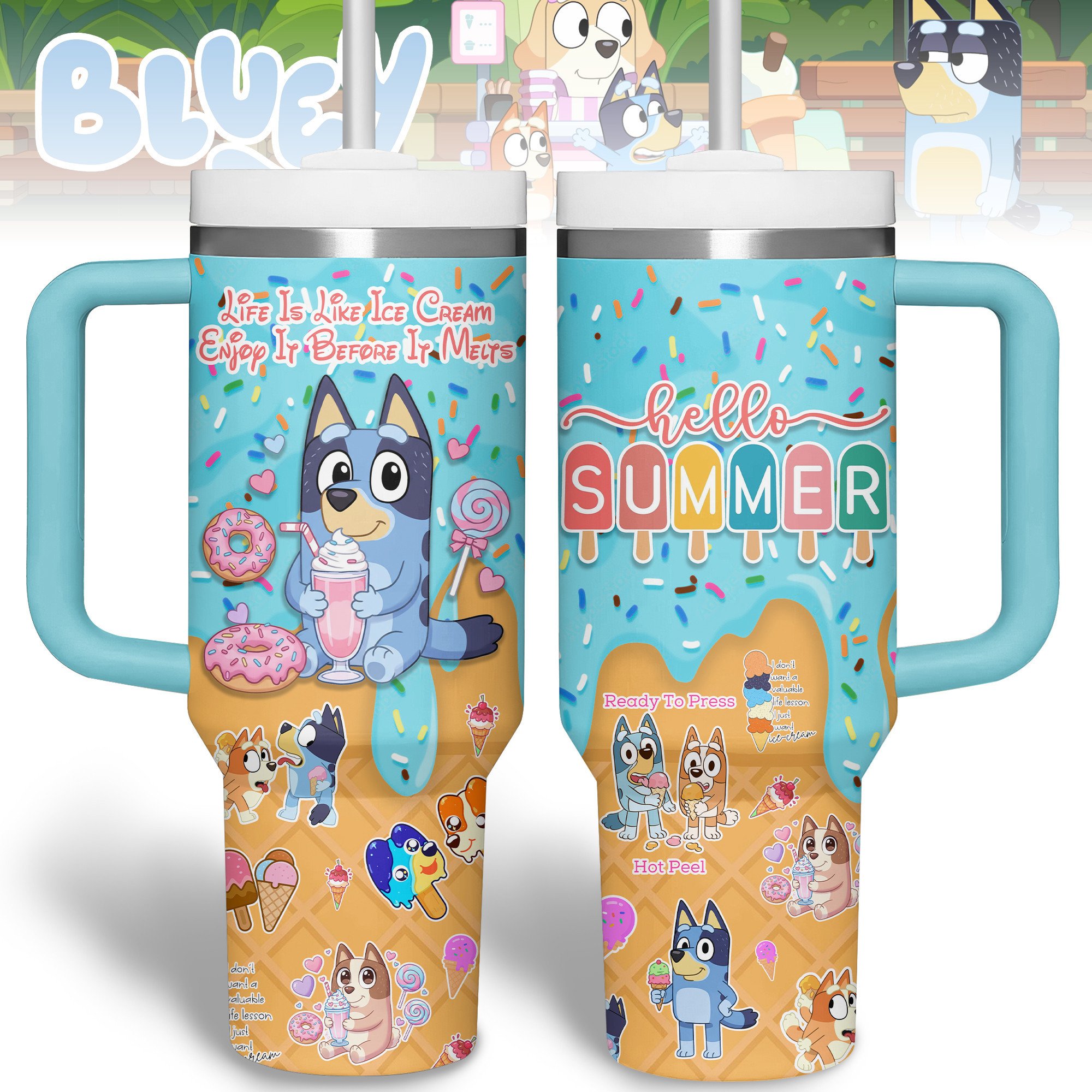 Bluey Cartoon Custom Stanley Quencher 40oz Stainless Steel Tumbler With Handle