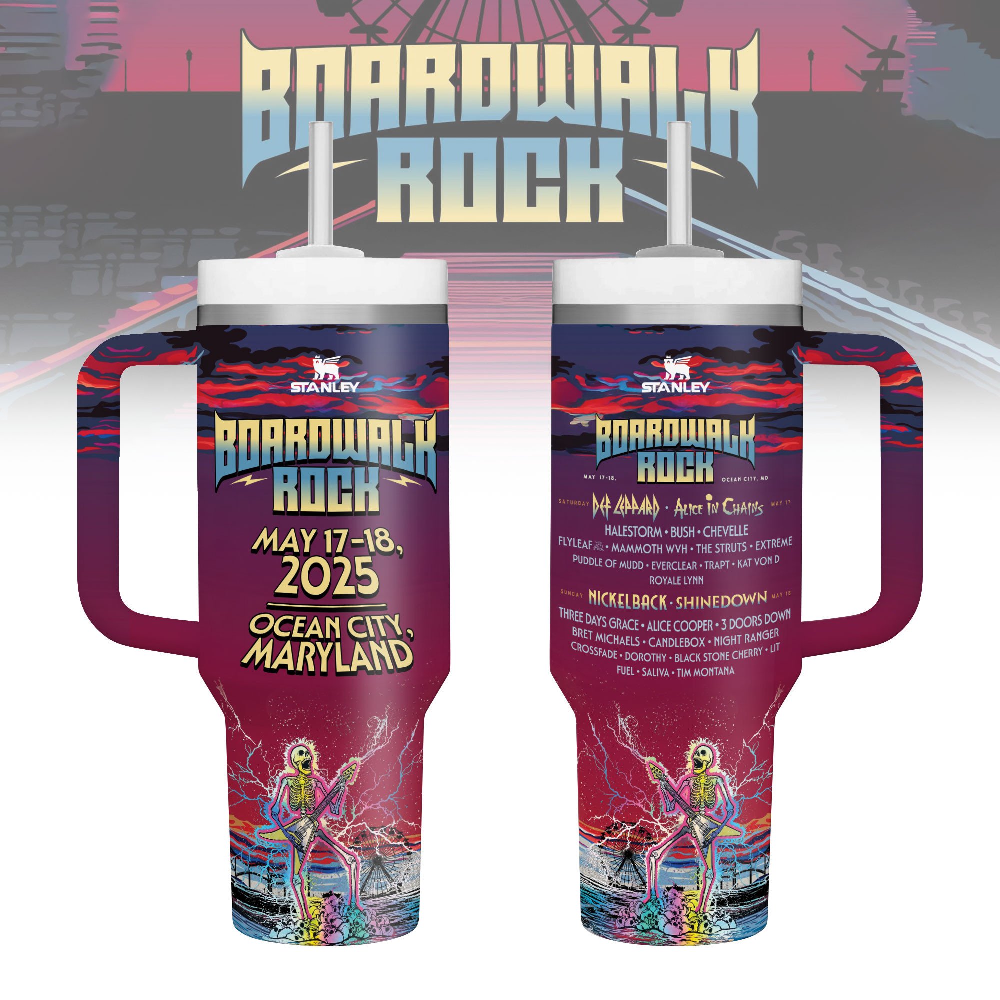 Boardwalk Rock Music Custom Stanley Quencher 40oz Stainless Steel Tumbler With Handle