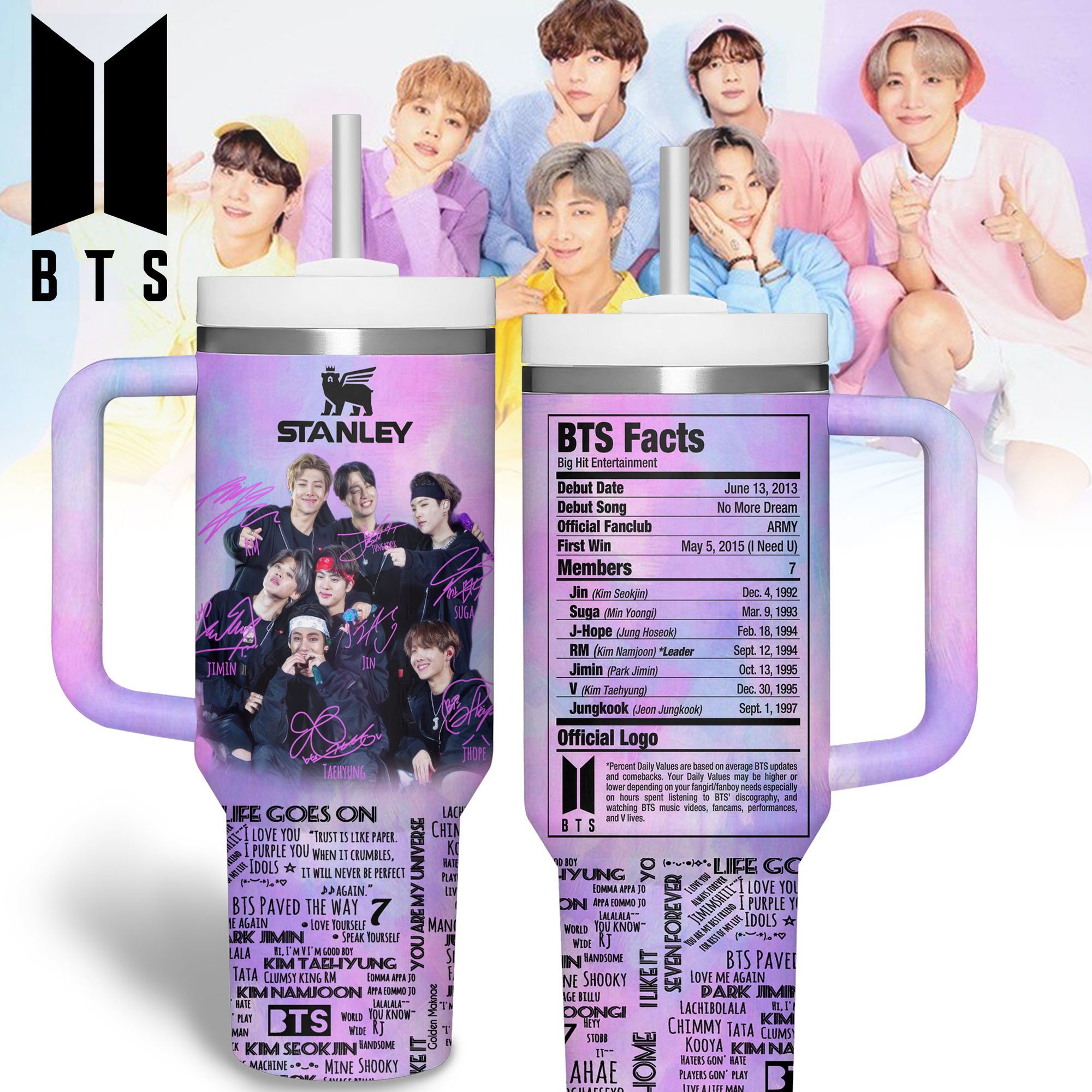 BTS Music Custom Stanley Quencher 40oz Stainless Steel Tumbler With Handle
