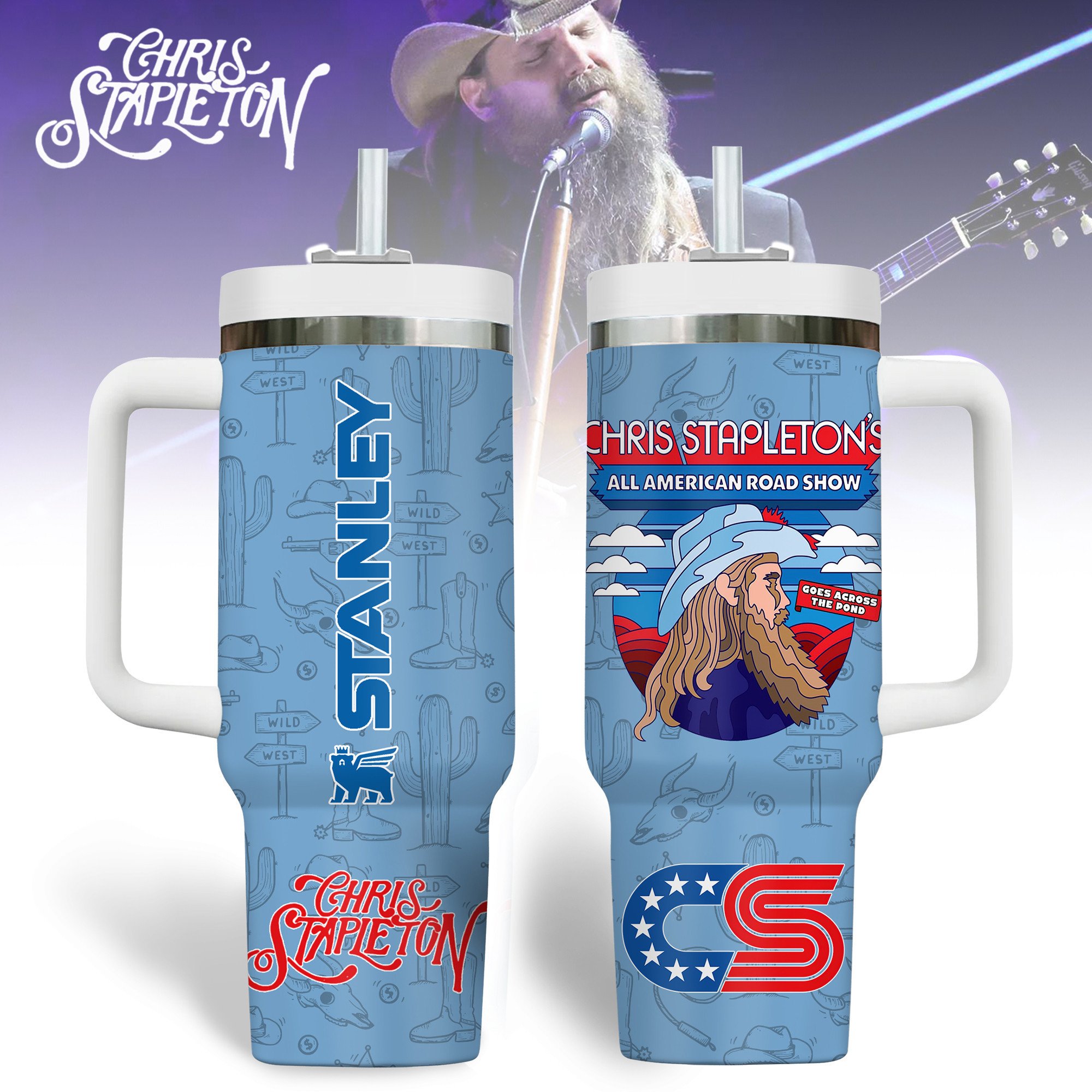 Chris Stapleton Music Custom Stanley Quencher 40oz Stainless Steel Tumbler With Handle