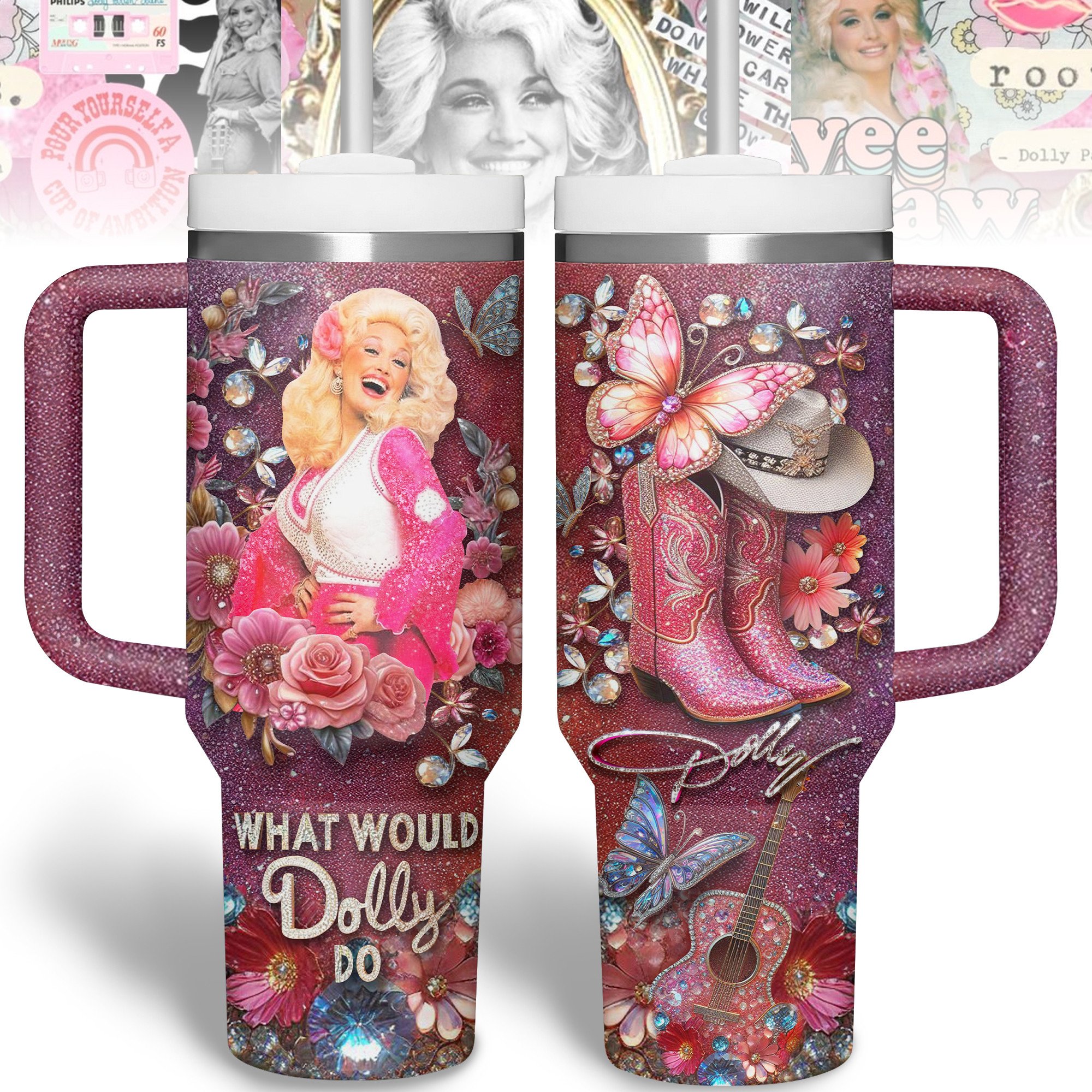 Dolly Parton Music Custom Stanley Quencher 40oz Stainless Steel Tumbler With Handle