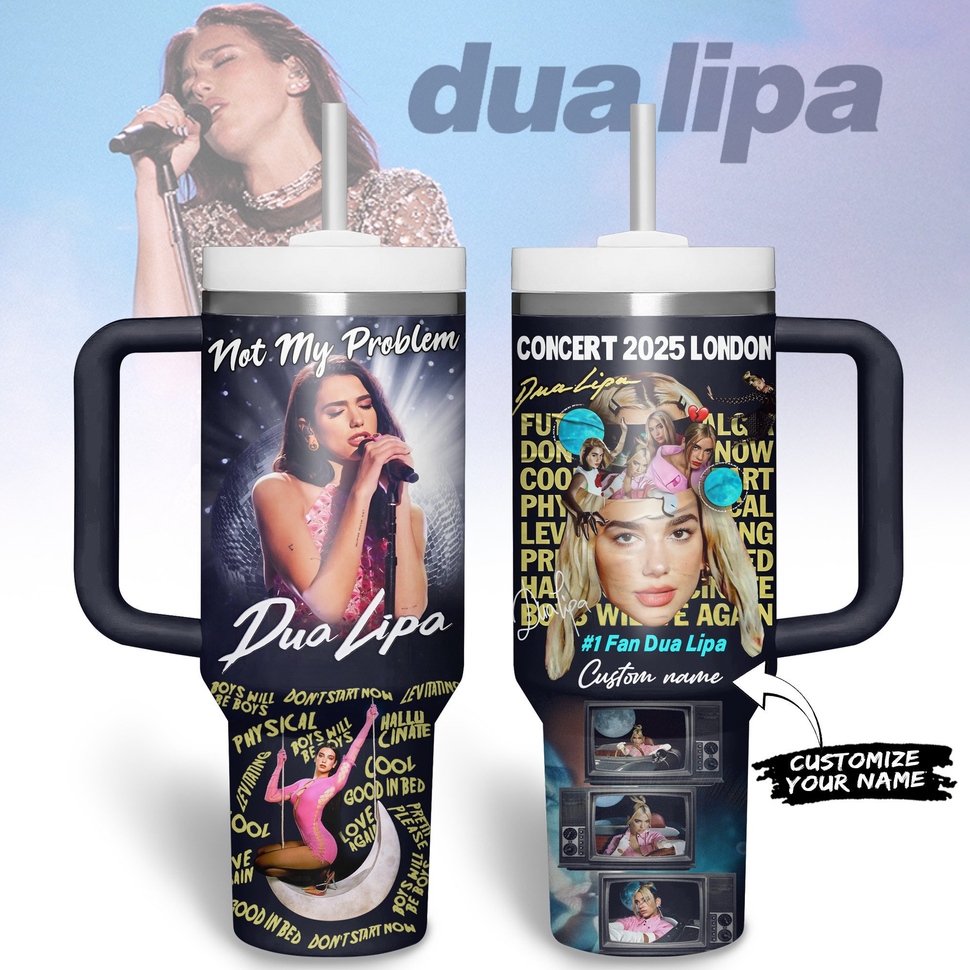 Dua Lipa Music Custom Stanley Quencher 40oz Stainless Steel Tumbler With Handle