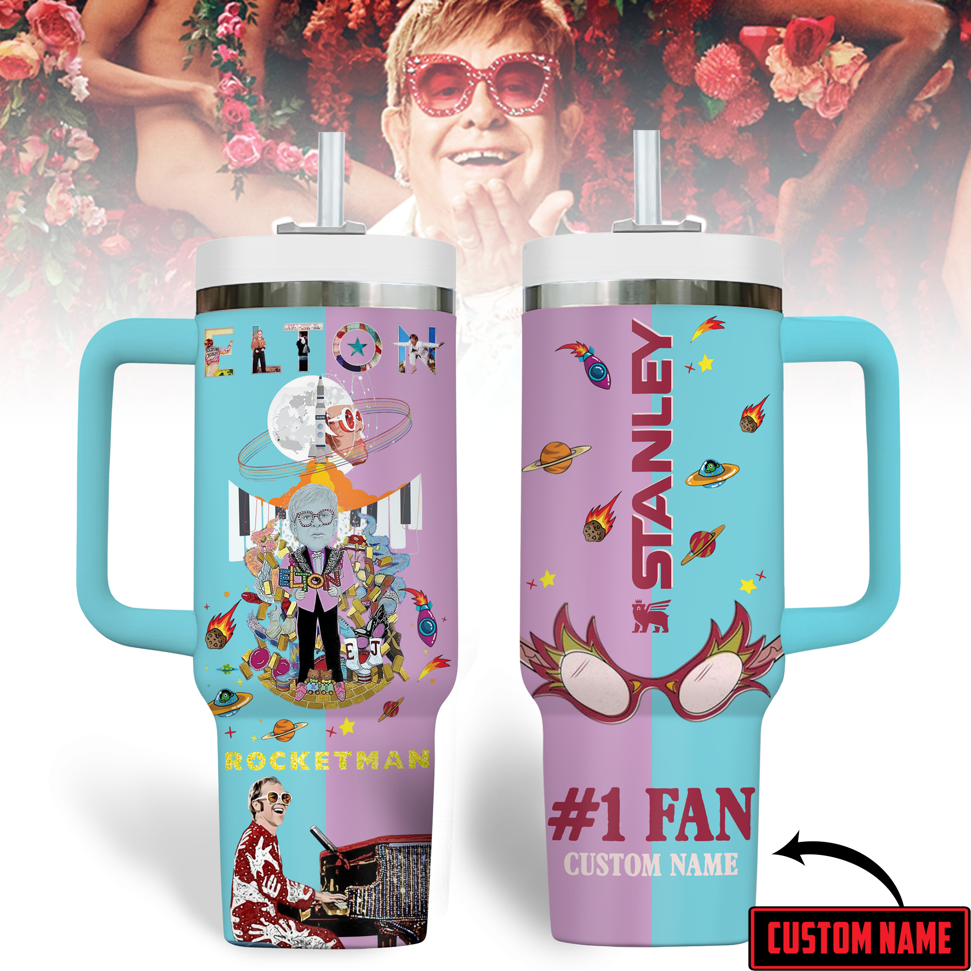 Elton John Music Custom Stanley Quencher 40oz Stainless Steel Tumbler With Handle