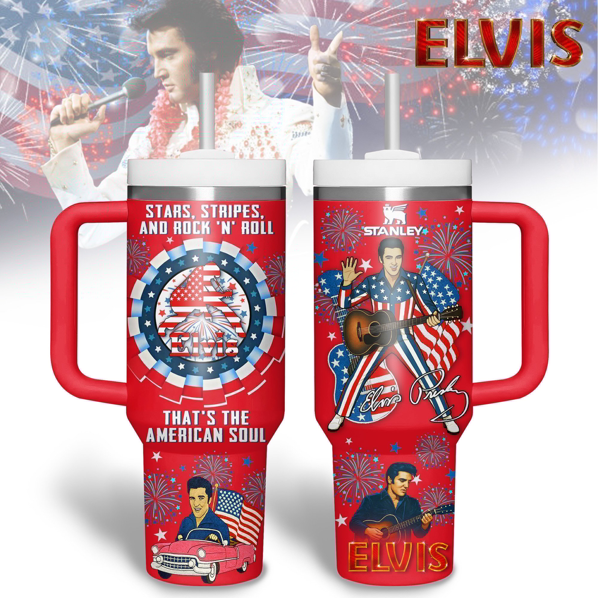 Elvis Presley Music Custom Stanley Quencher 40oz Stainless Steel Tumbler With Handle