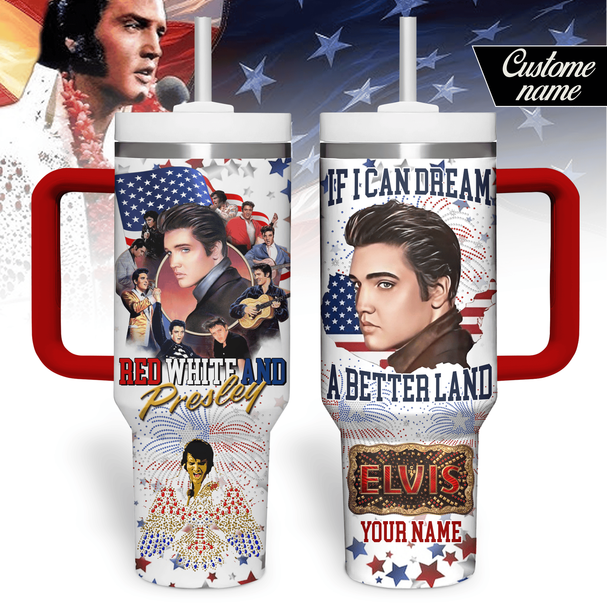 Elvis Presley Music Custom Stanley Quencher 40oz Stainless Steel Tumbler With Handle