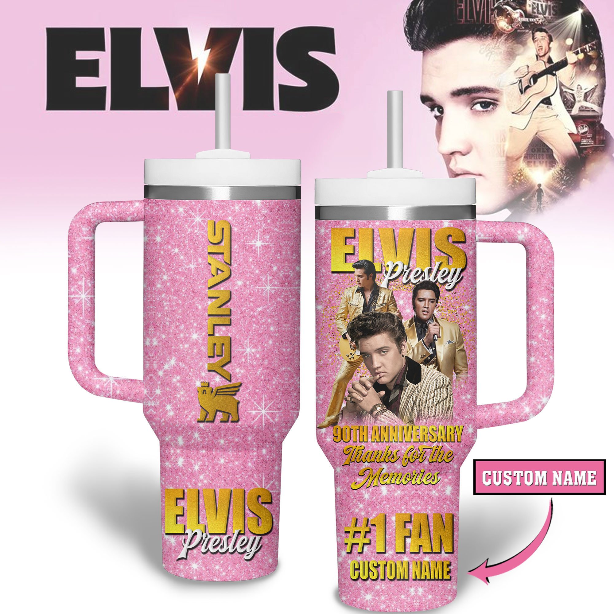 Elvis Presley Music Custom Stanley Quencher 40oz Stainless Steel Tumbler With Handle