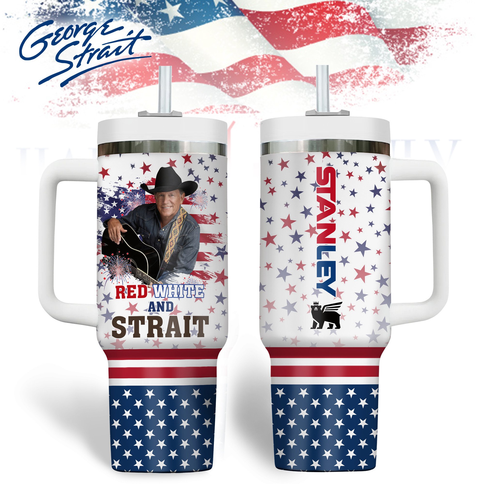 George Strait Music Custom Stanley Quencher 40oz Stainless Steel Tumbler With Handle