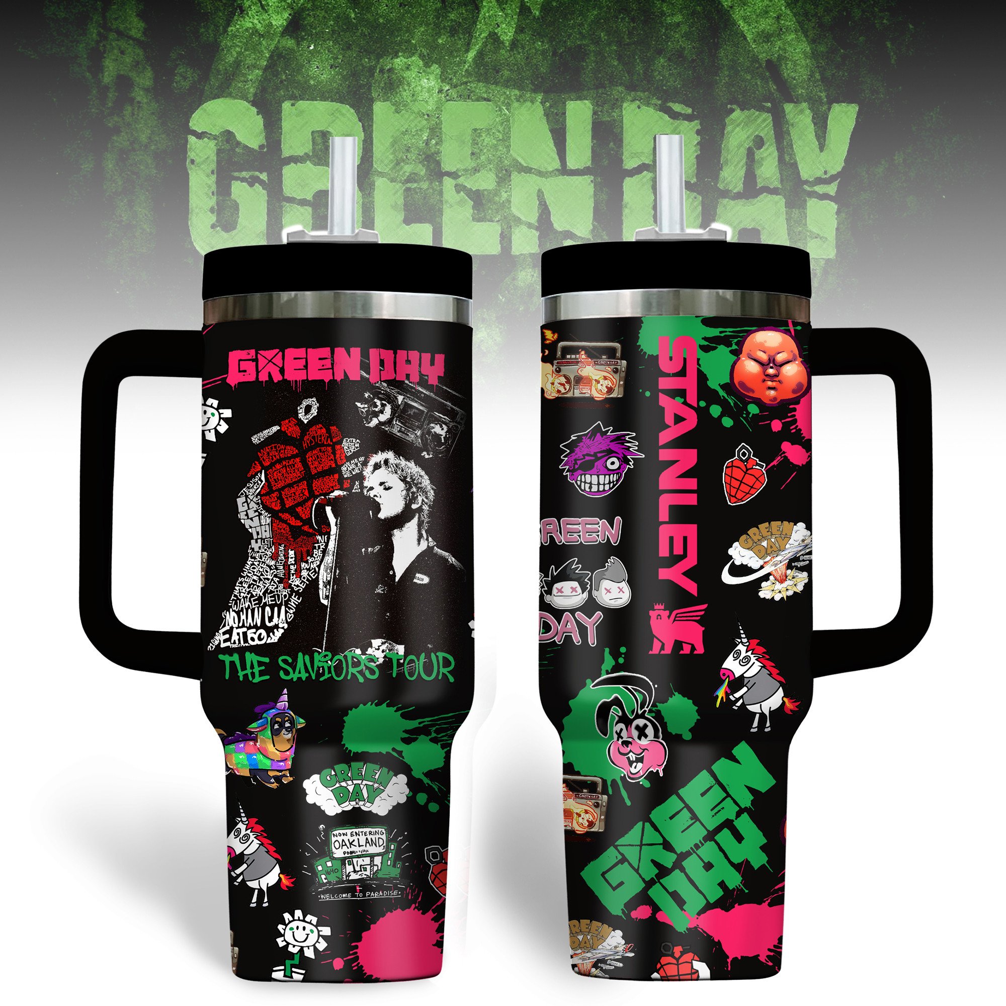 Green Day Music Custom Stanley Quencher 40oz Stainless Steel Tumbler With Handle