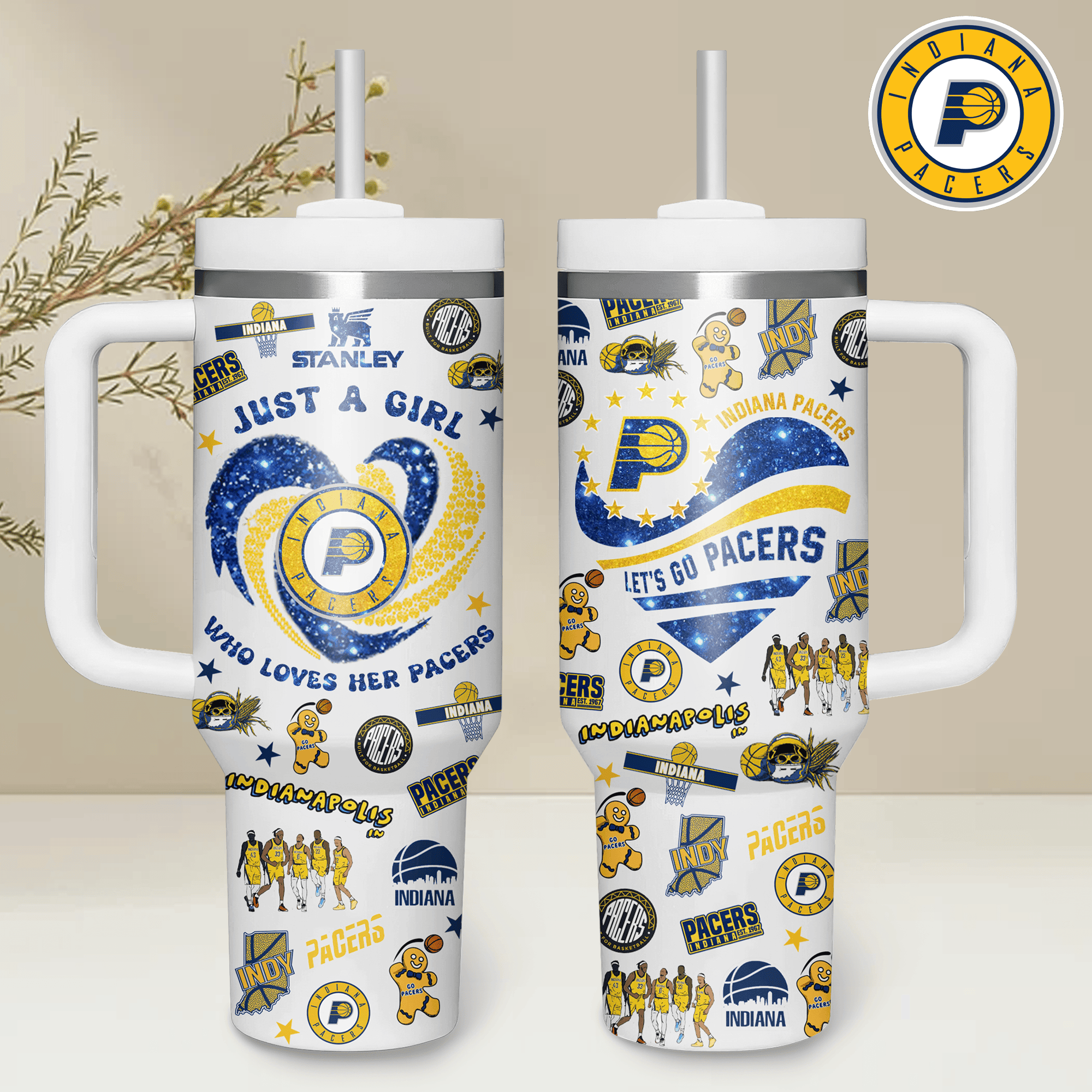 Indiana Pacers NBA Custom Stanley Quencher 40oz Stainless Steel Tumbler With Handle