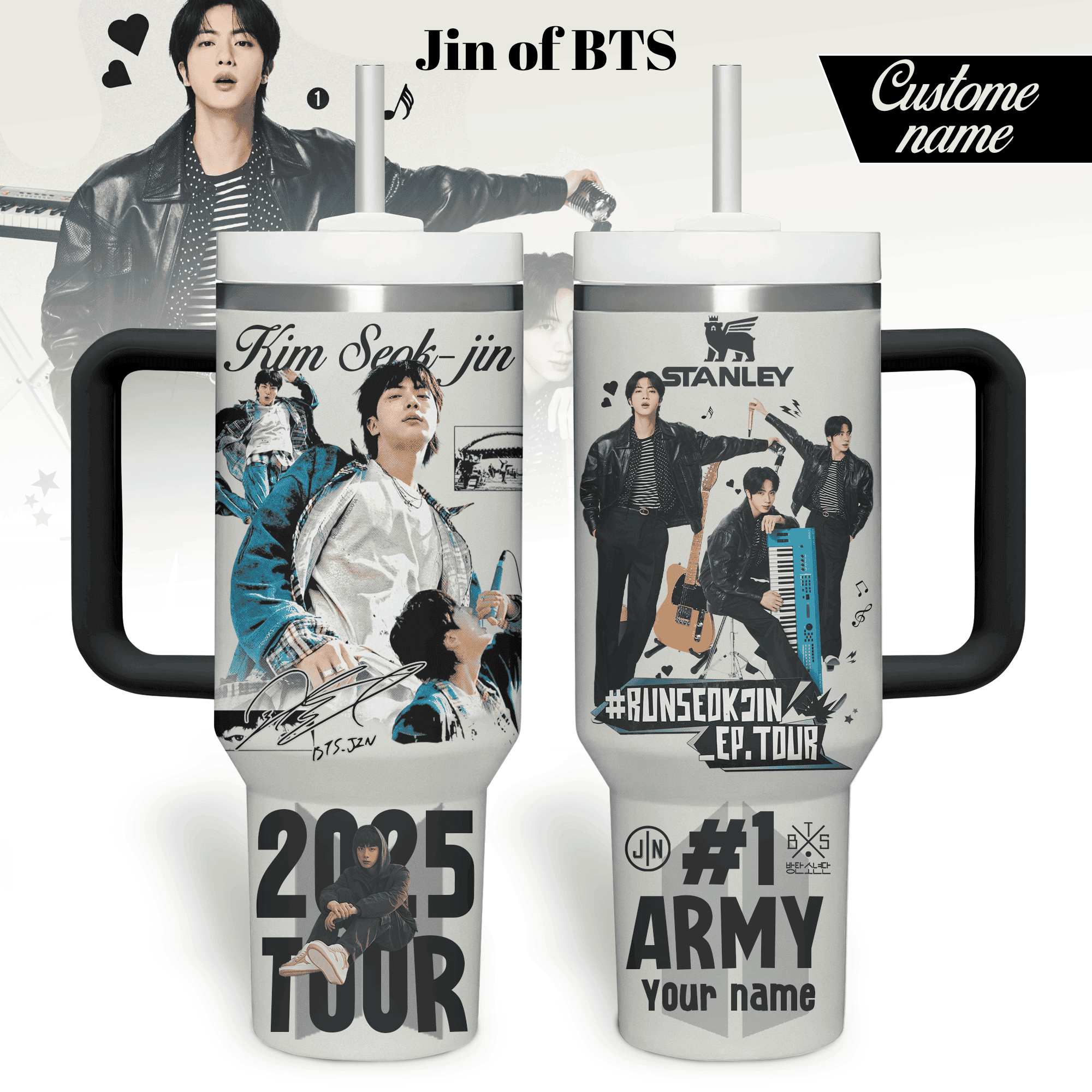 Jin BTS Music Custom Stanley Quencher 40oz Stainless Steel Tumbler With Handle