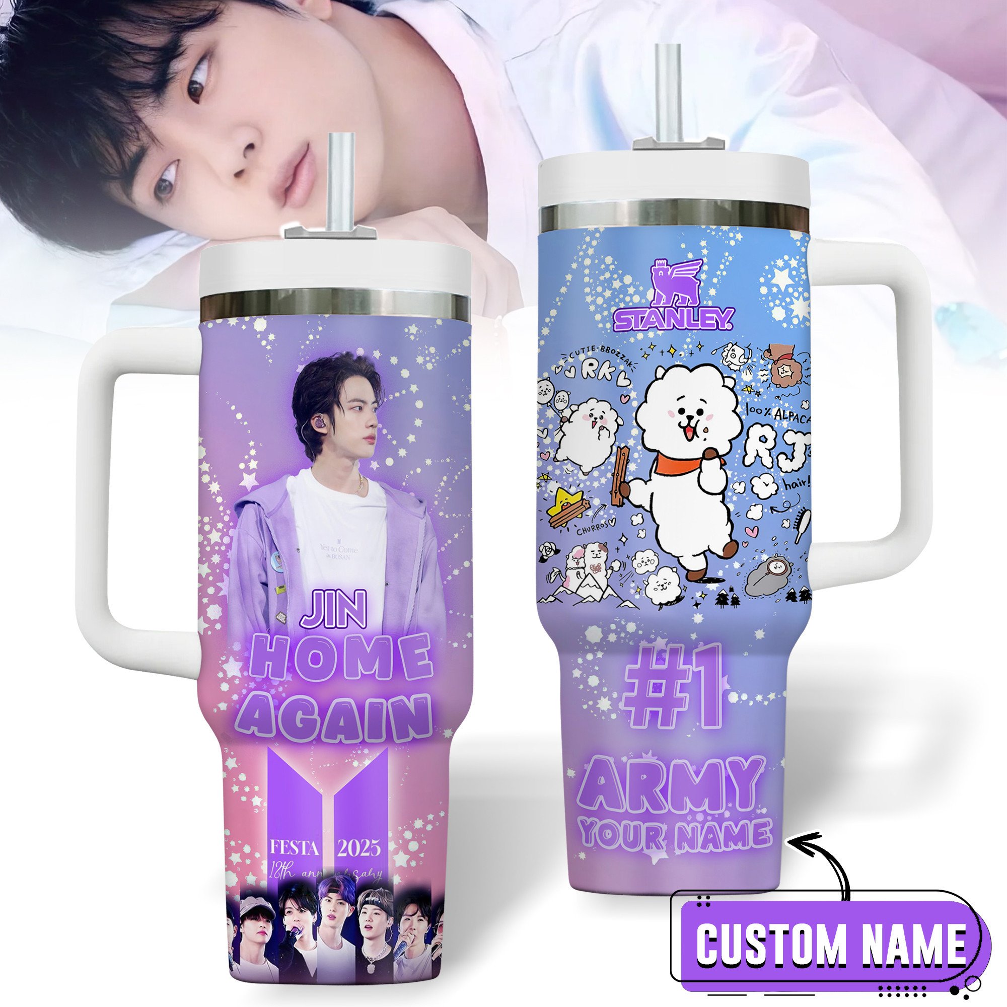 Jin BTS Music Custom Stanley Quencher 40oz Stainless Steel Tumbler With Handle