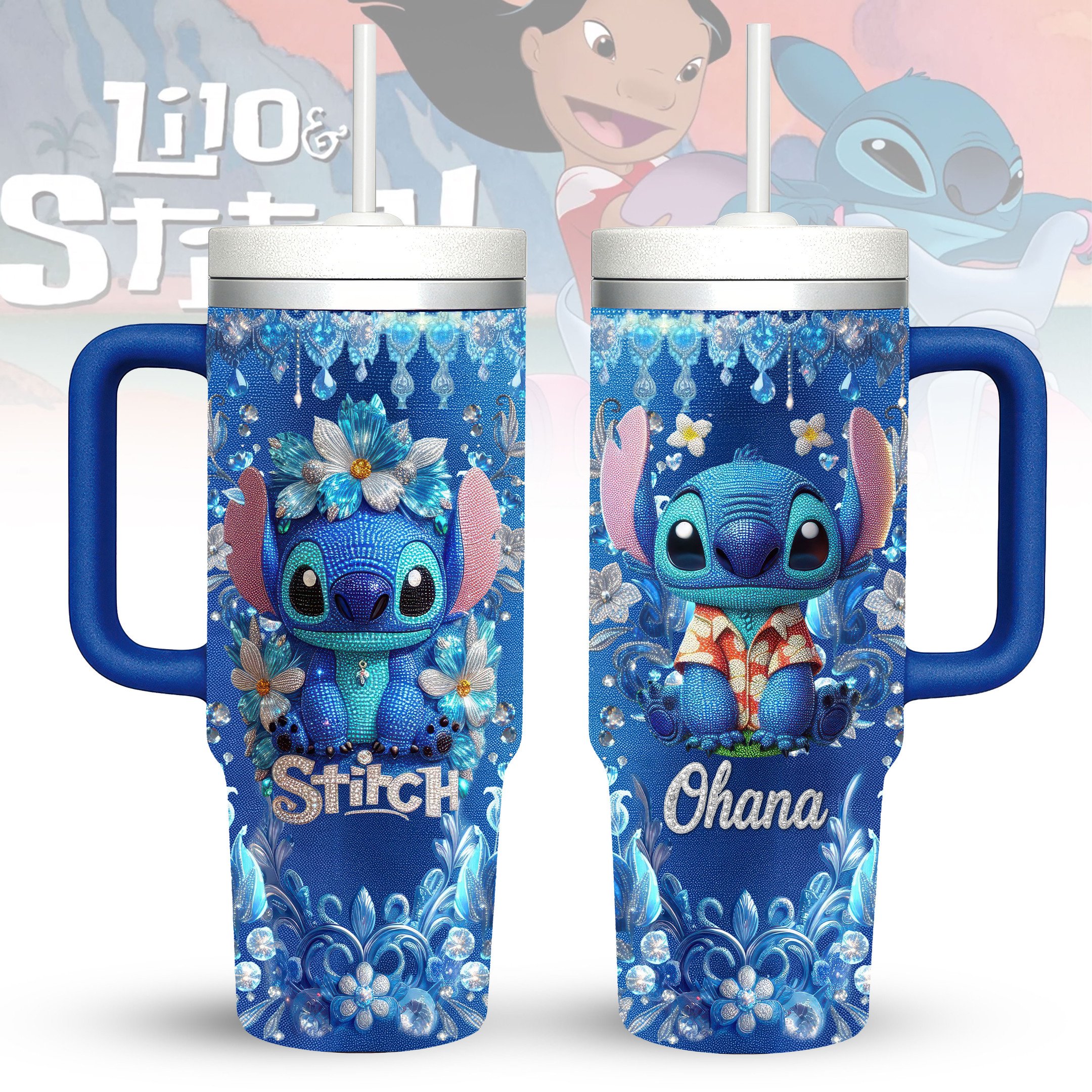 Lilo And Stitch Cartoon Custom Stanley Quencher 40oz Stainless Steel Tumbler With Handle