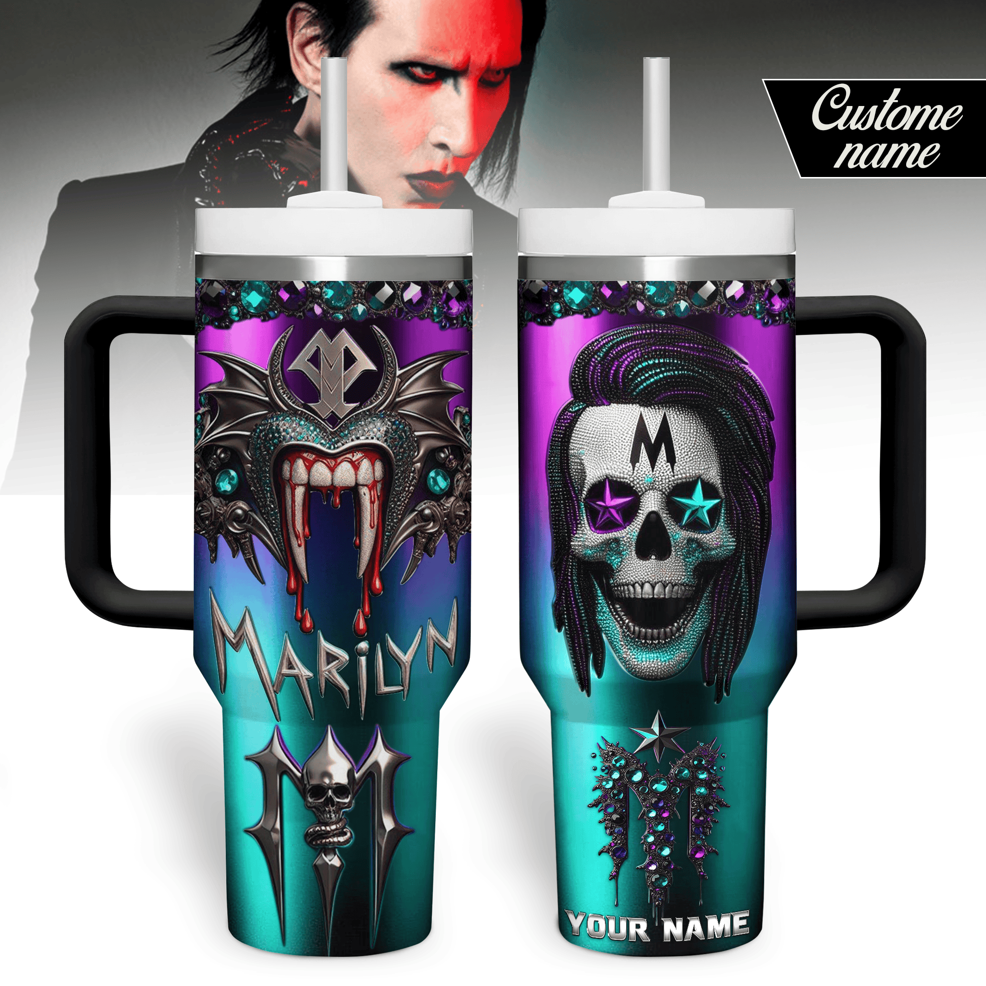 Marilyn Manson Music Custom Stanley Quencher 40oz Stainless Steel Tumbler With Handle