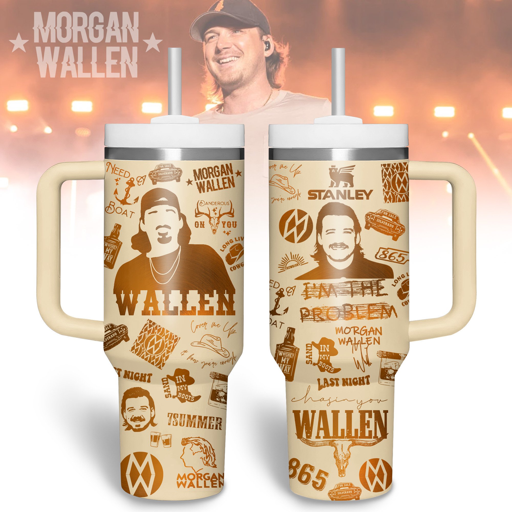 Morgan Wallen Music Custom Stanley Quencher 40oz Stainless Steel Tumbler With Handle