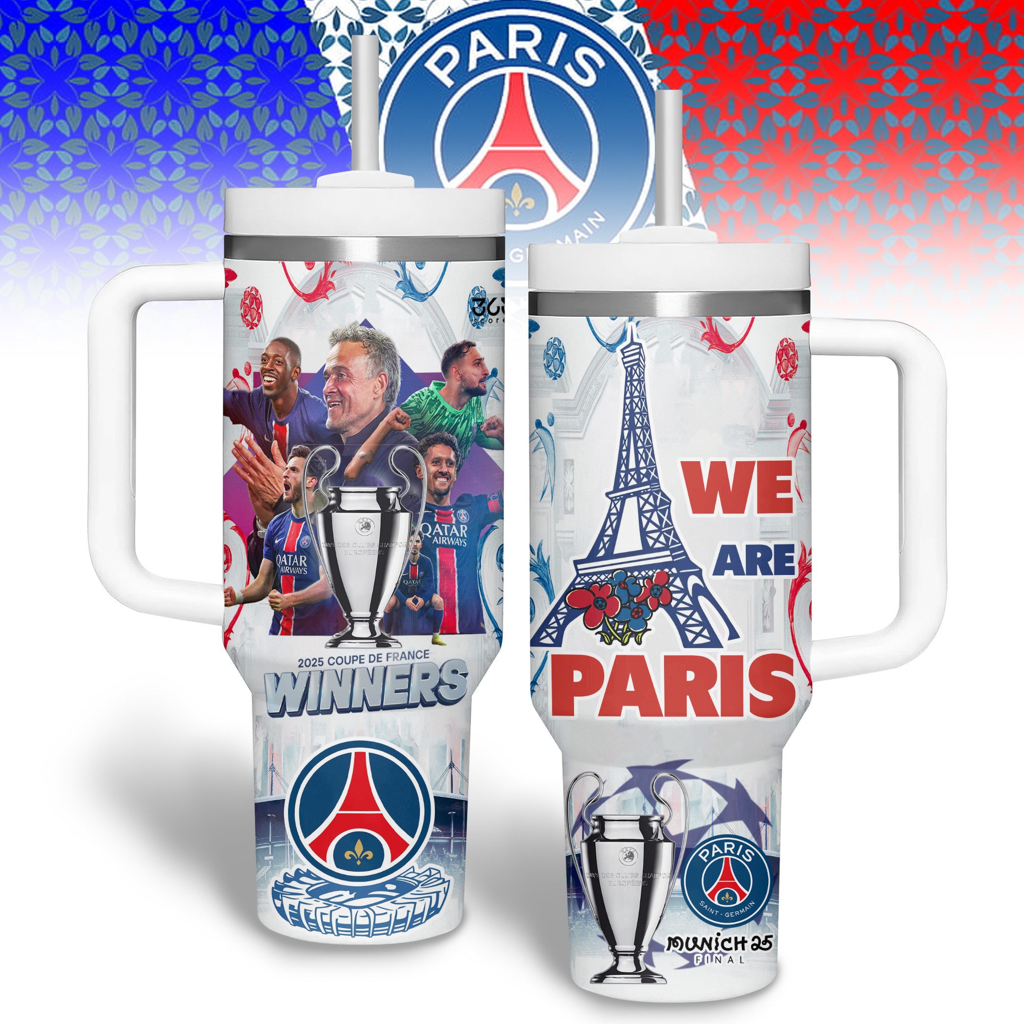 Paris Saint-Germain F.C. Sports Custom Stanley Quencher 40oz Stainless Steel Tumbler With Handle