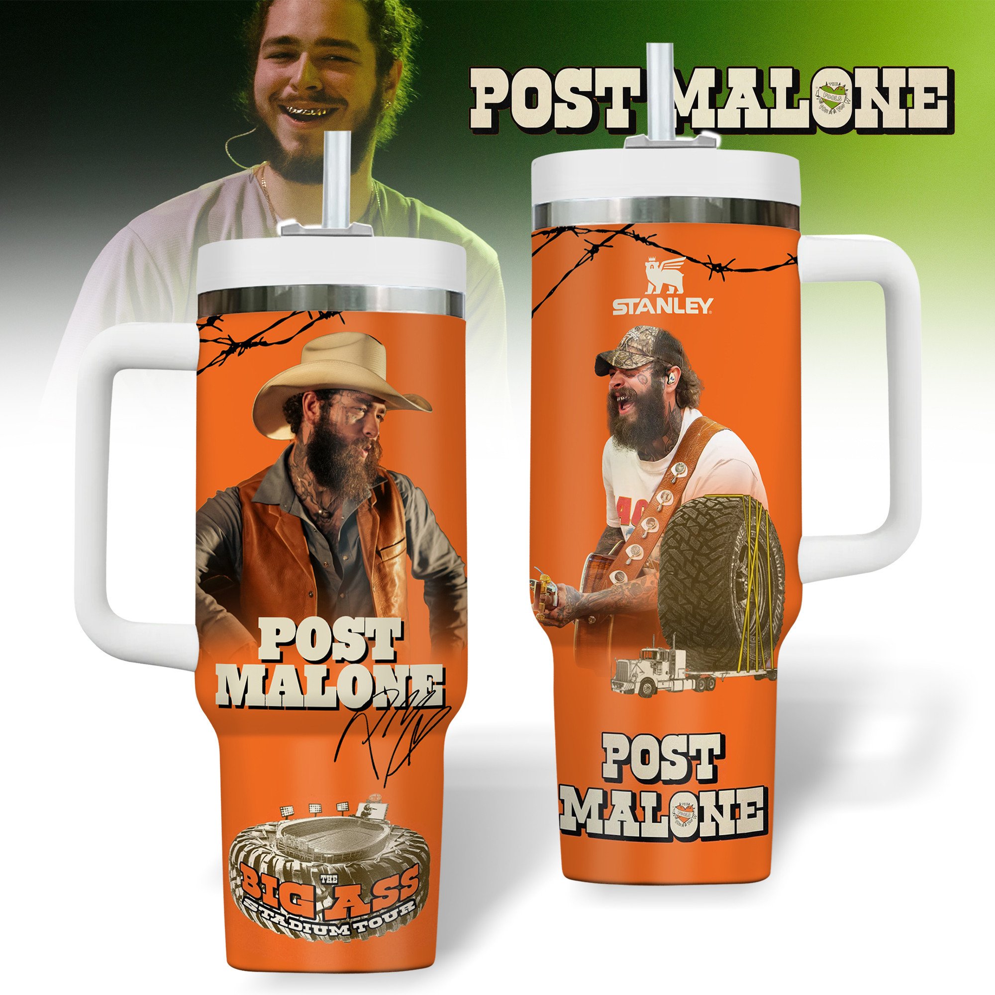Post Malone Music Custom Stanley Quencher 40oz Stainless Steel Tumbler With Handle