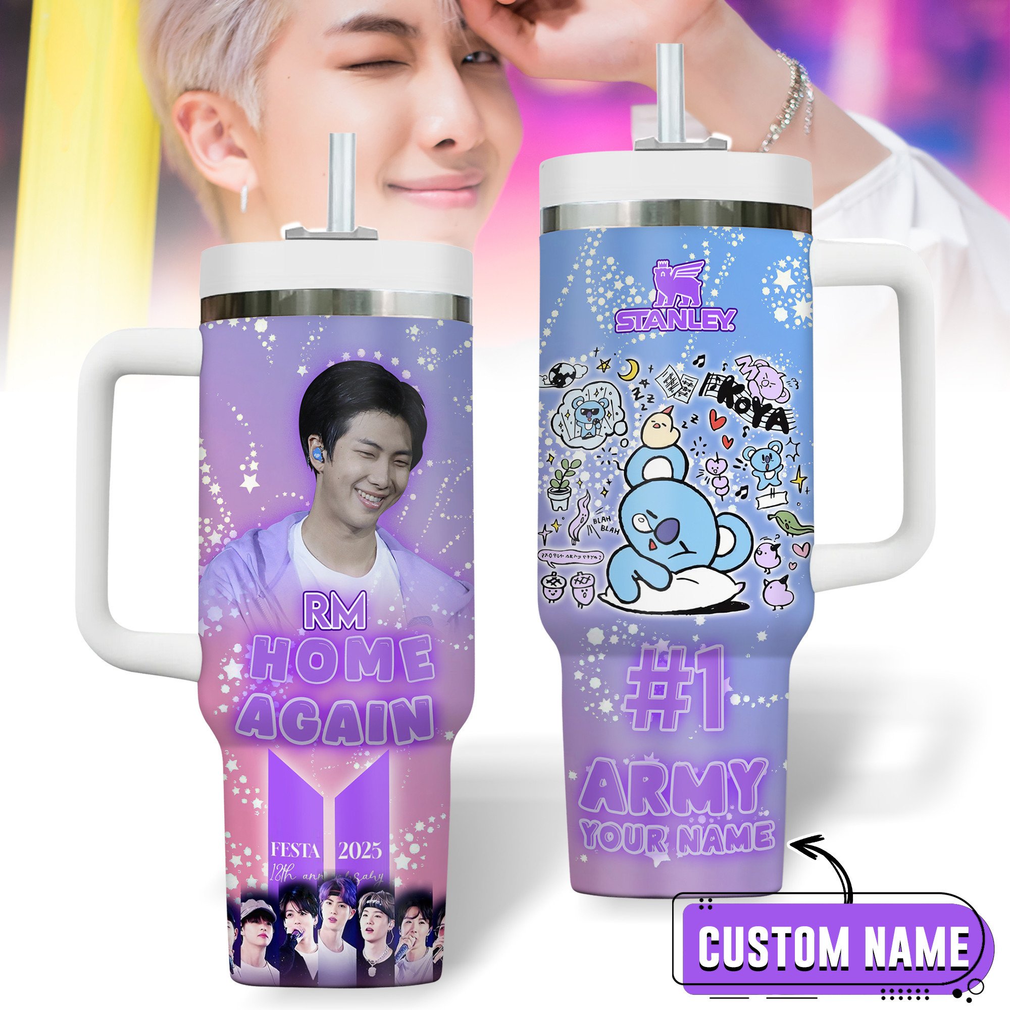 RM BTS Music Custom Stanley Quencher 40oz Stainless Steel Tumbler With Handle