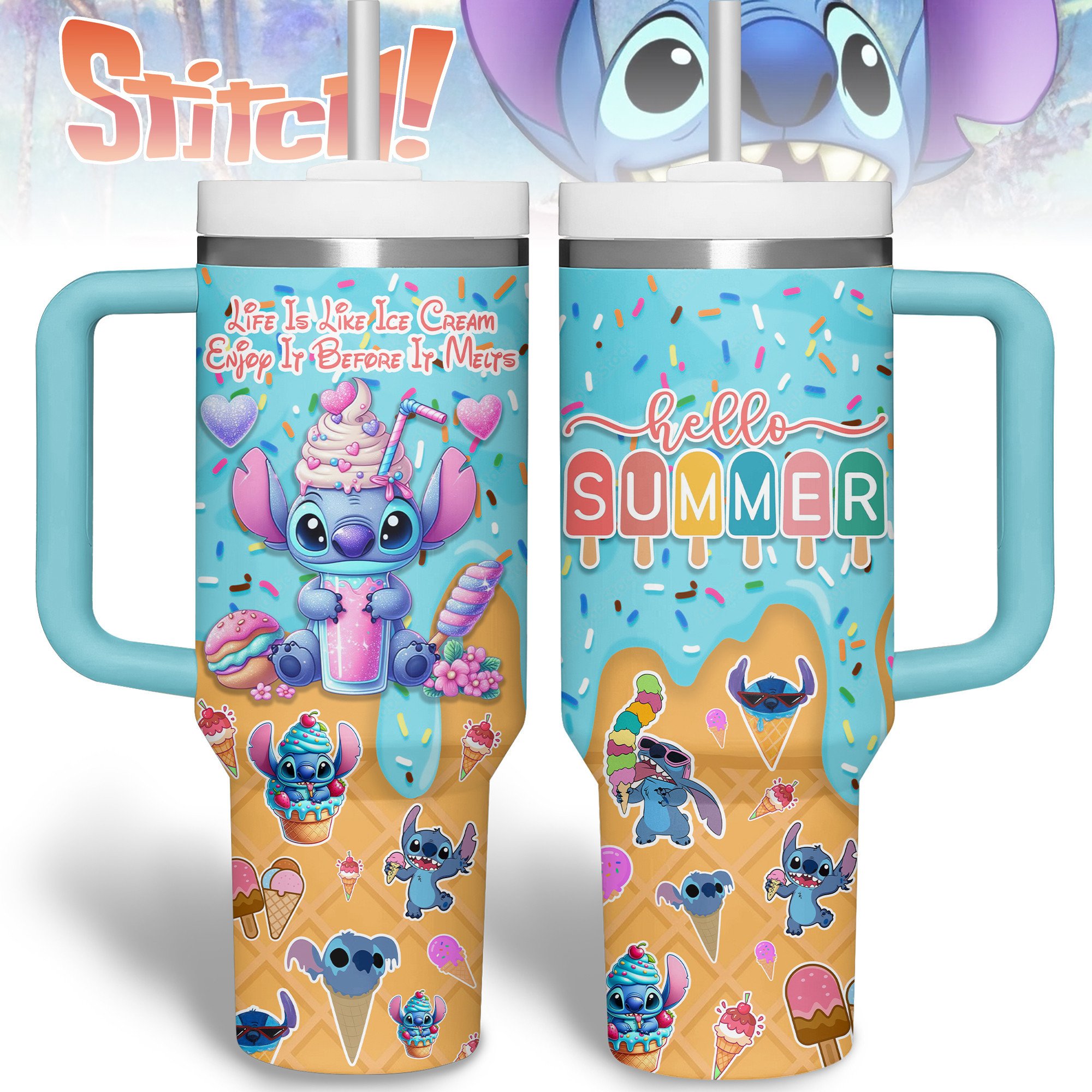 Stitch Cartoon Custom Stanley Quencher 40oz Stainless Steel Tumbler With Handle