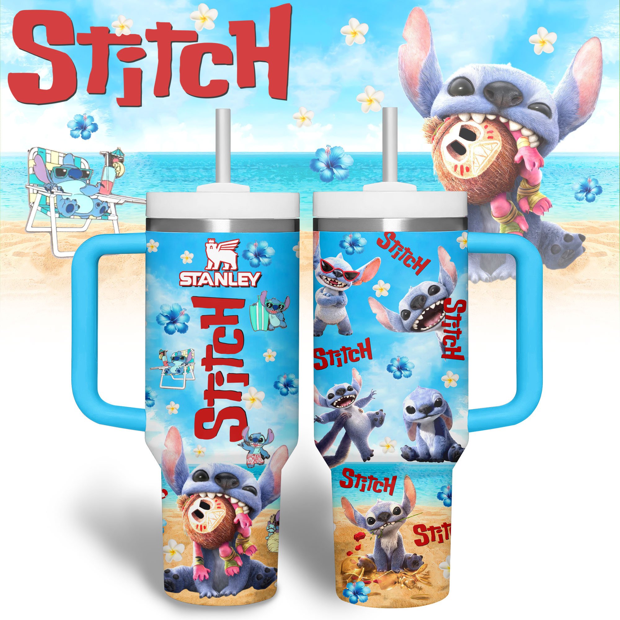 Stitch Cartoon Custom Stanley Quencher 40oz Stainless Steel Tumbler With Handle