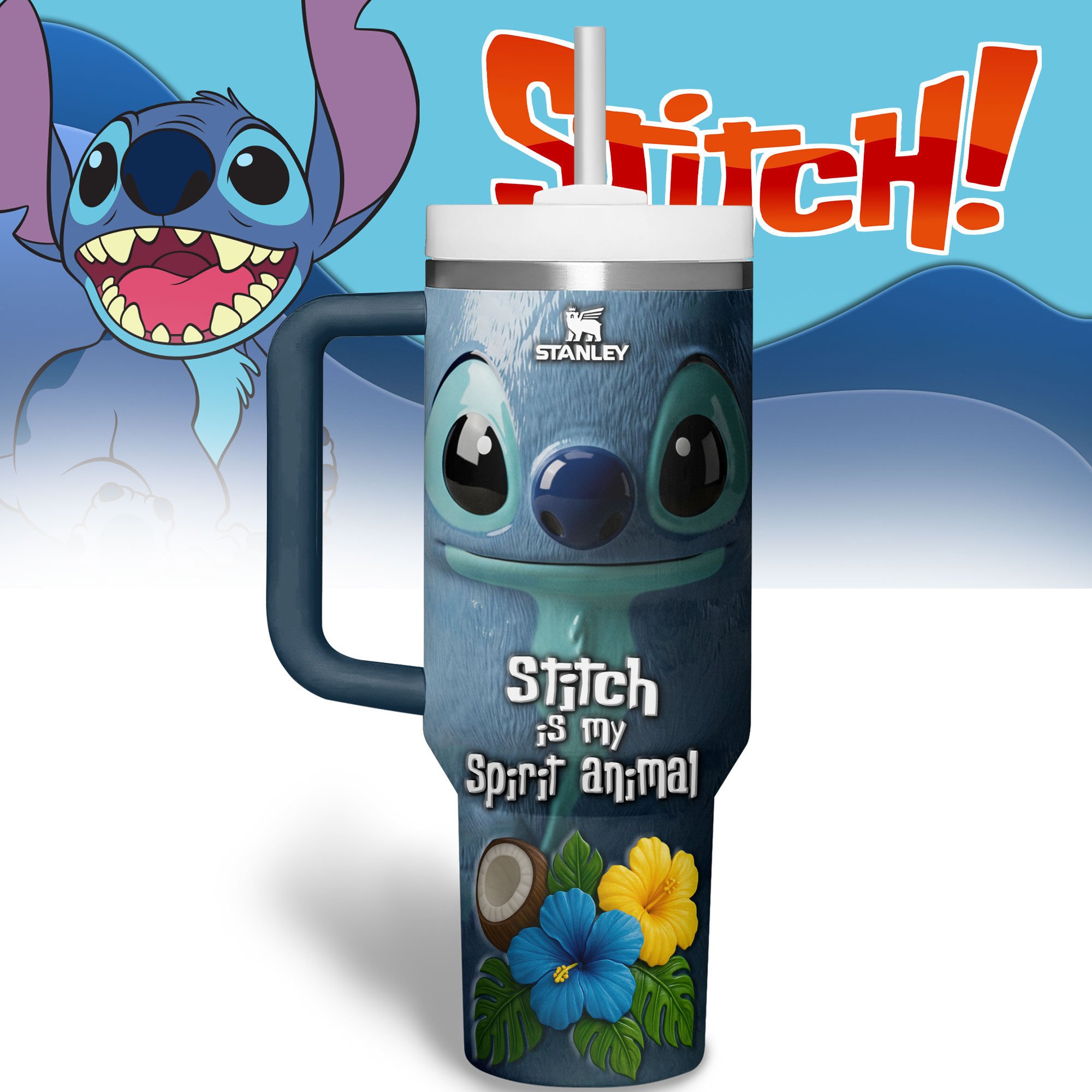 Stitch Cartoon Custom Stanley Quencher 40oz Stainless Steel Tumbler With Handle