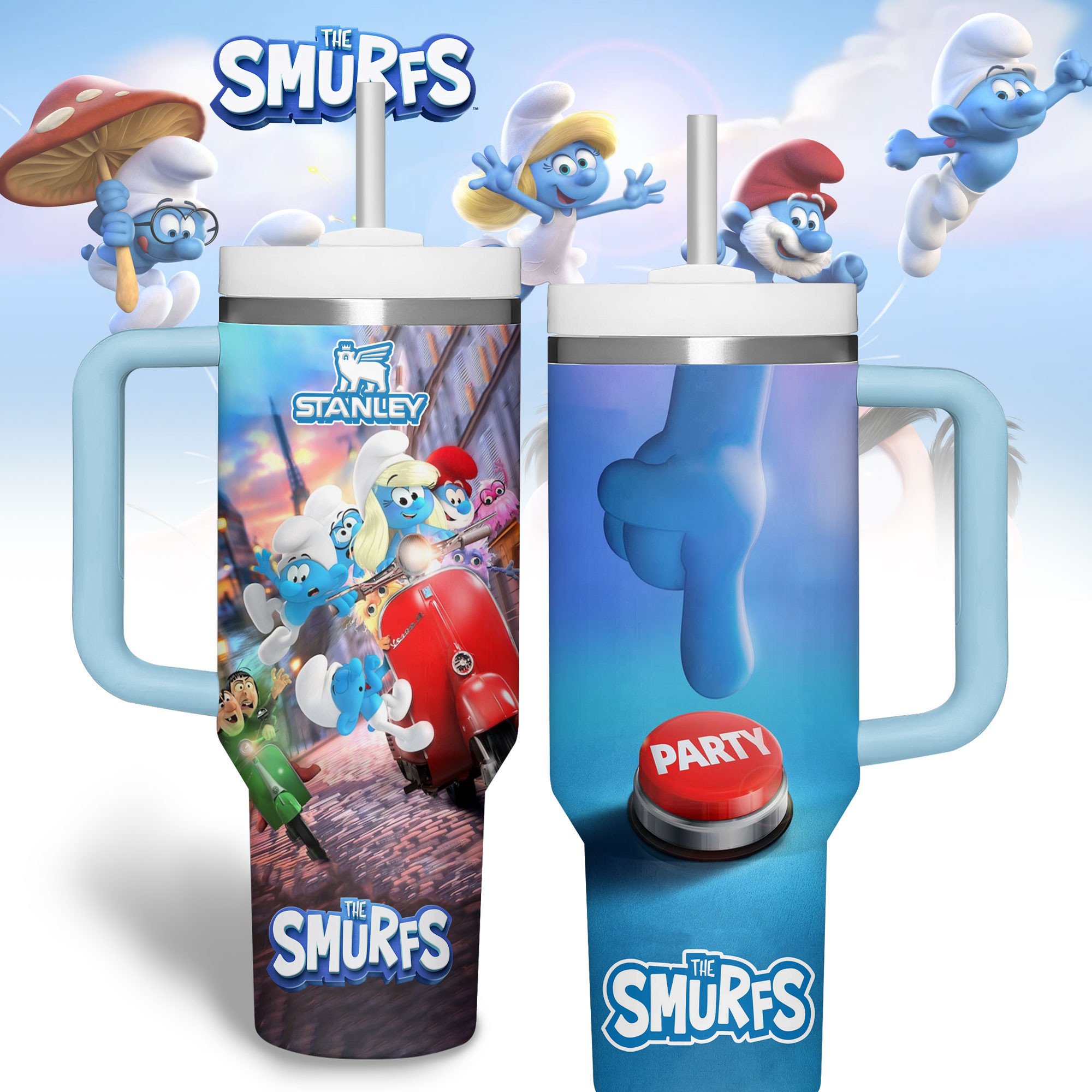 The Smurfs Cartoon Custom Stanley Quencher 40oz Stainless Steel Tumbler With Handle