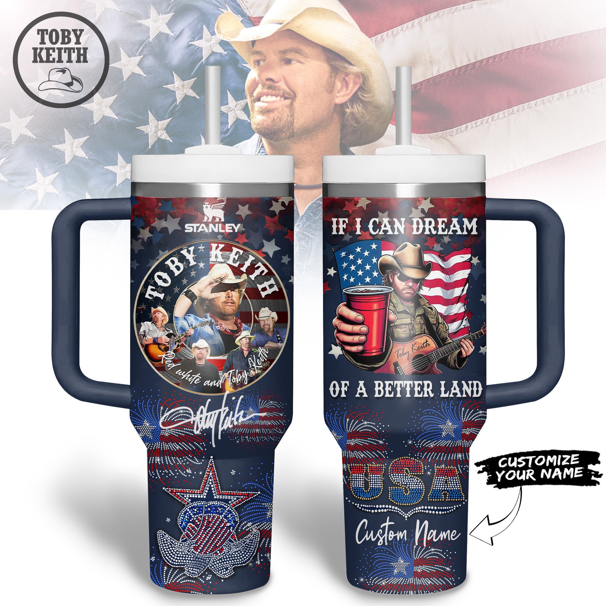 Toby Keith Music Custom Stanley Quencher 40oz Stainless Steel Tumbler With Handle