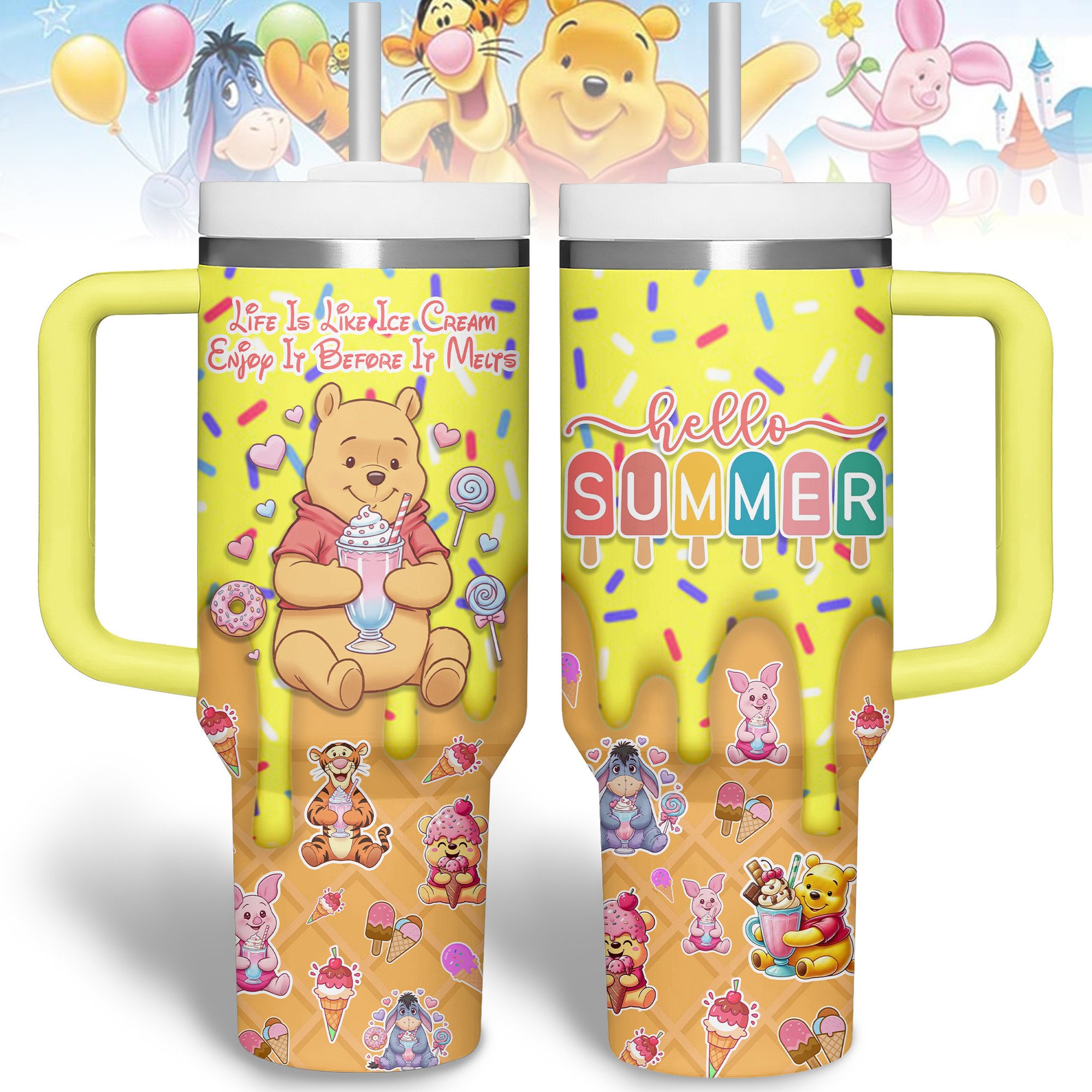 Winnie The Pooh Cartoon Custom Stanley Quencher 40oz Stainless Steel Tumbler With Handle