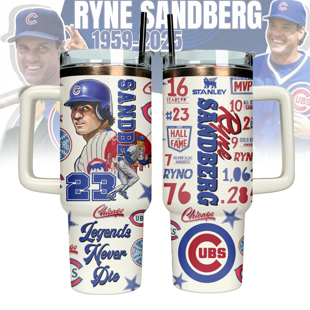 Ryne Sandberg x Chicago Cubs MLB Custom Stanley Quencher 40oz Stainless Steel Tumbler With Handle